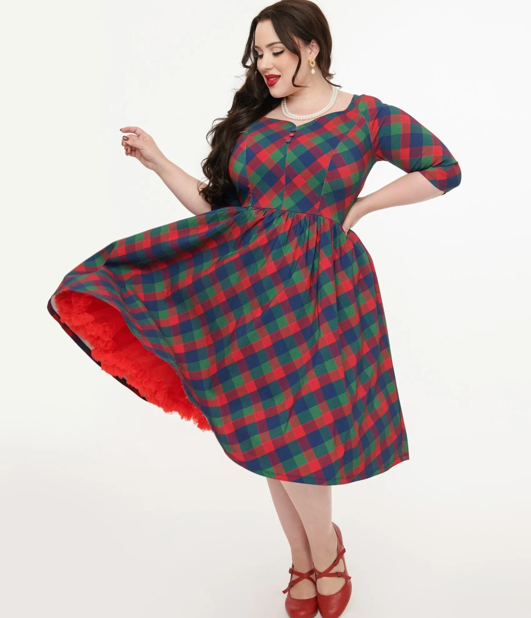 Unique Vintage Plus Size 1950s Green & Red Plaid Sweetheart Swing Dress Online