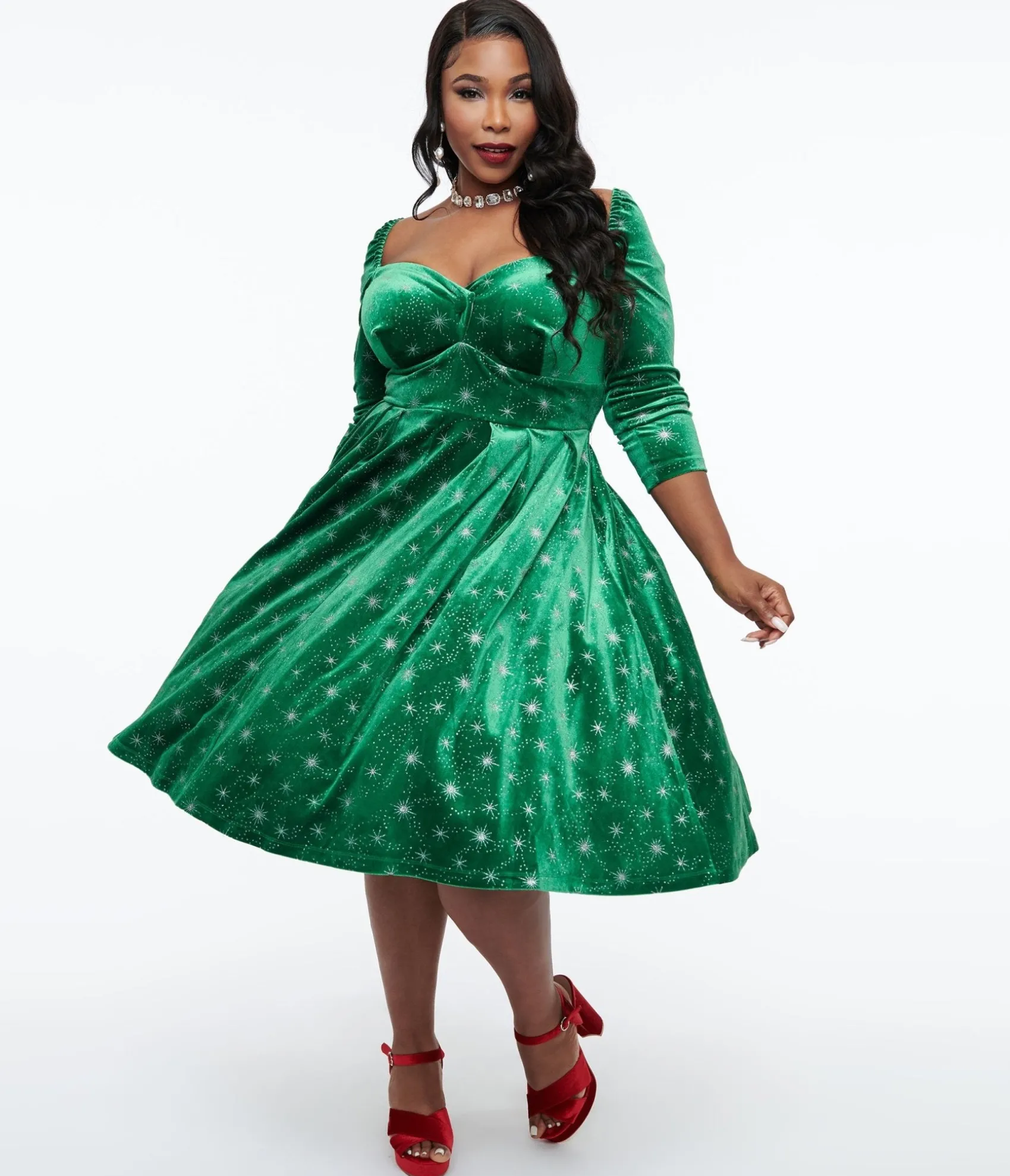 Unique Vintage Plus Size 1950s Green & Silver Snowflake Velvet Lamar Swing Dress Discount
