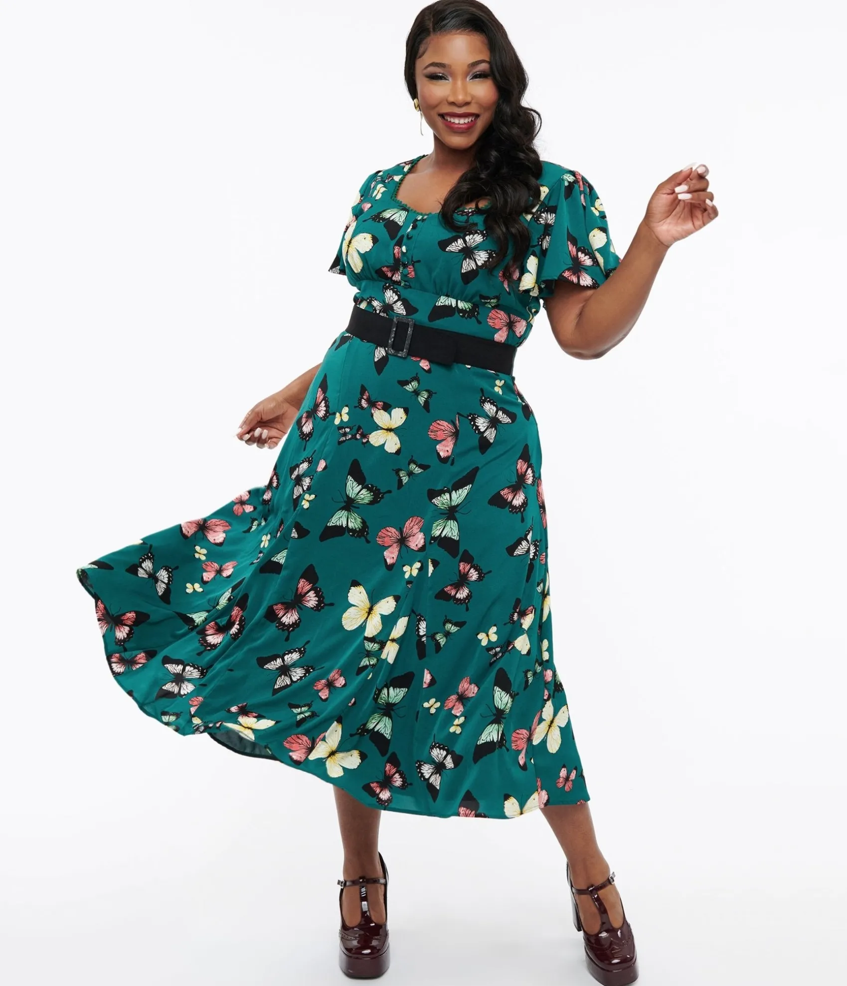 Unique Vintage Plus Size 1940s Green Butterfly Print Midi Dress Best Sale