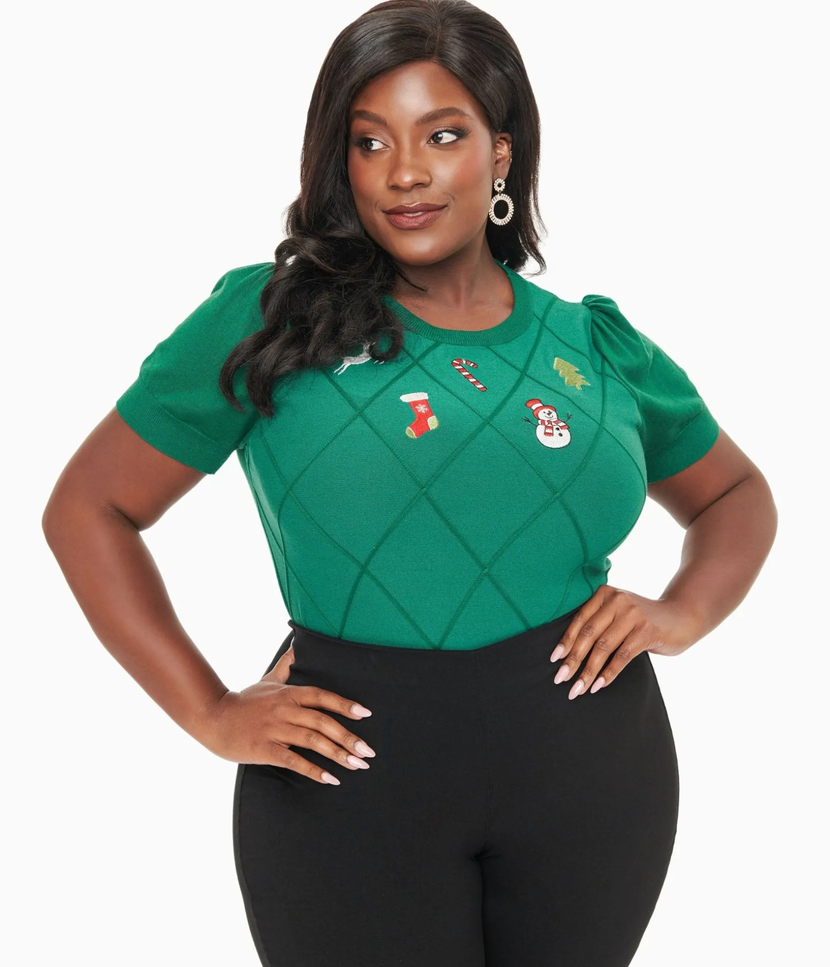 Unique Vintage Plus Size 1950s Green Christmas Embroidered Sweater Flash Sale
