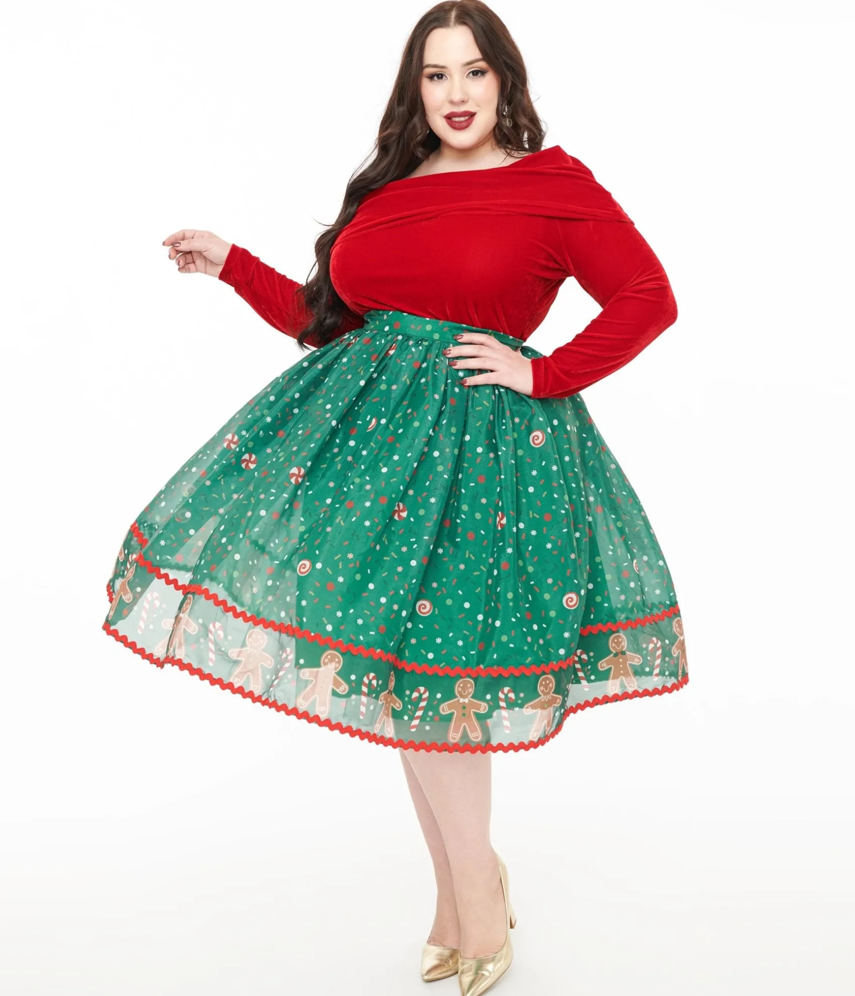 Unique Vintage Plus Size 1950s Green Gingerbread Border Brilliance Swing Skirt Outlet
