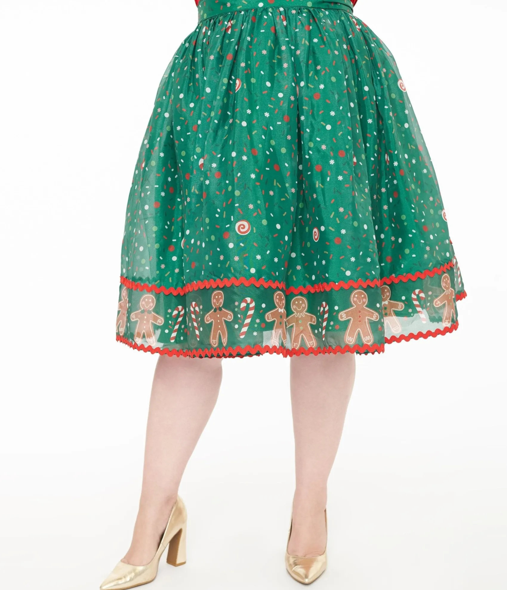 Unique Vintage Plus Size 1950s Green Gingerbread Border Brilliance Swing Skirt Outlet