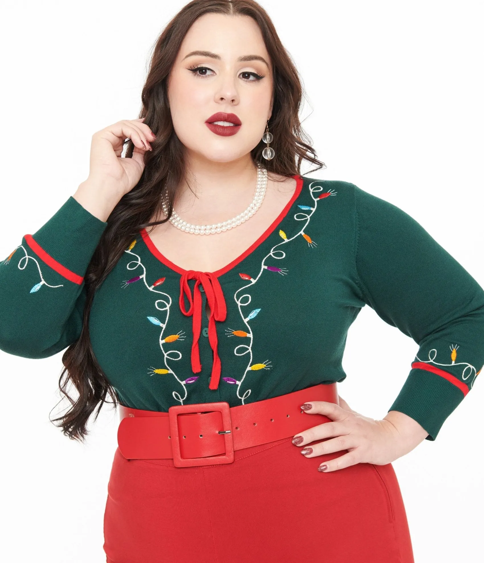 Unique Vintage Plus Size 1950s Green Holiday Lights Crop Cardigan Shop