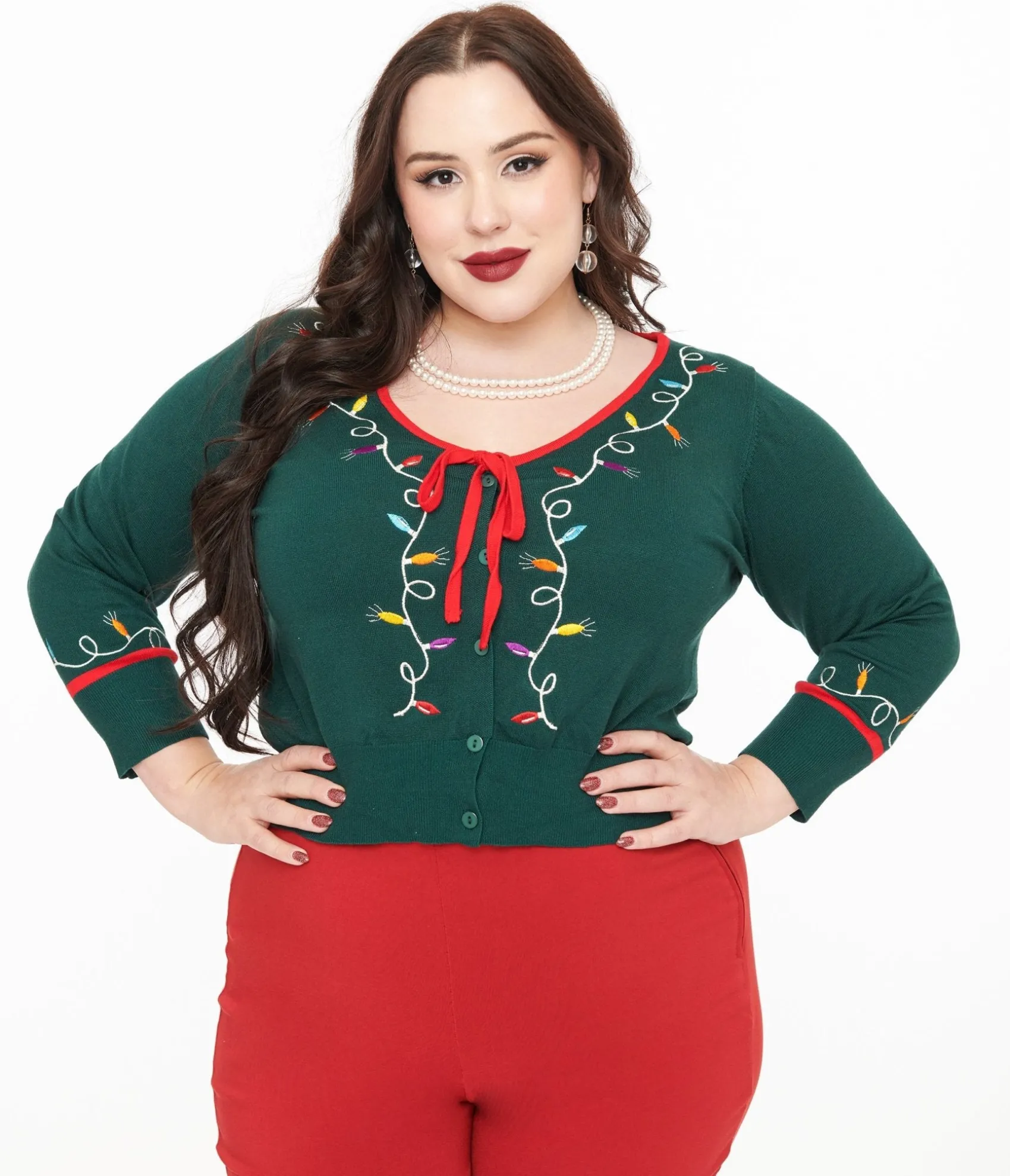 Unique Vintage Plus Size 1950s Green Holiday Lights Crop Cardigan Shop