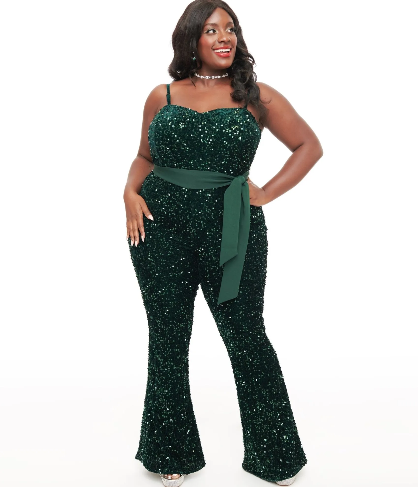 Unique Vintage Plus Size 1960s Green Sequin Flare Jumpsuit Hot