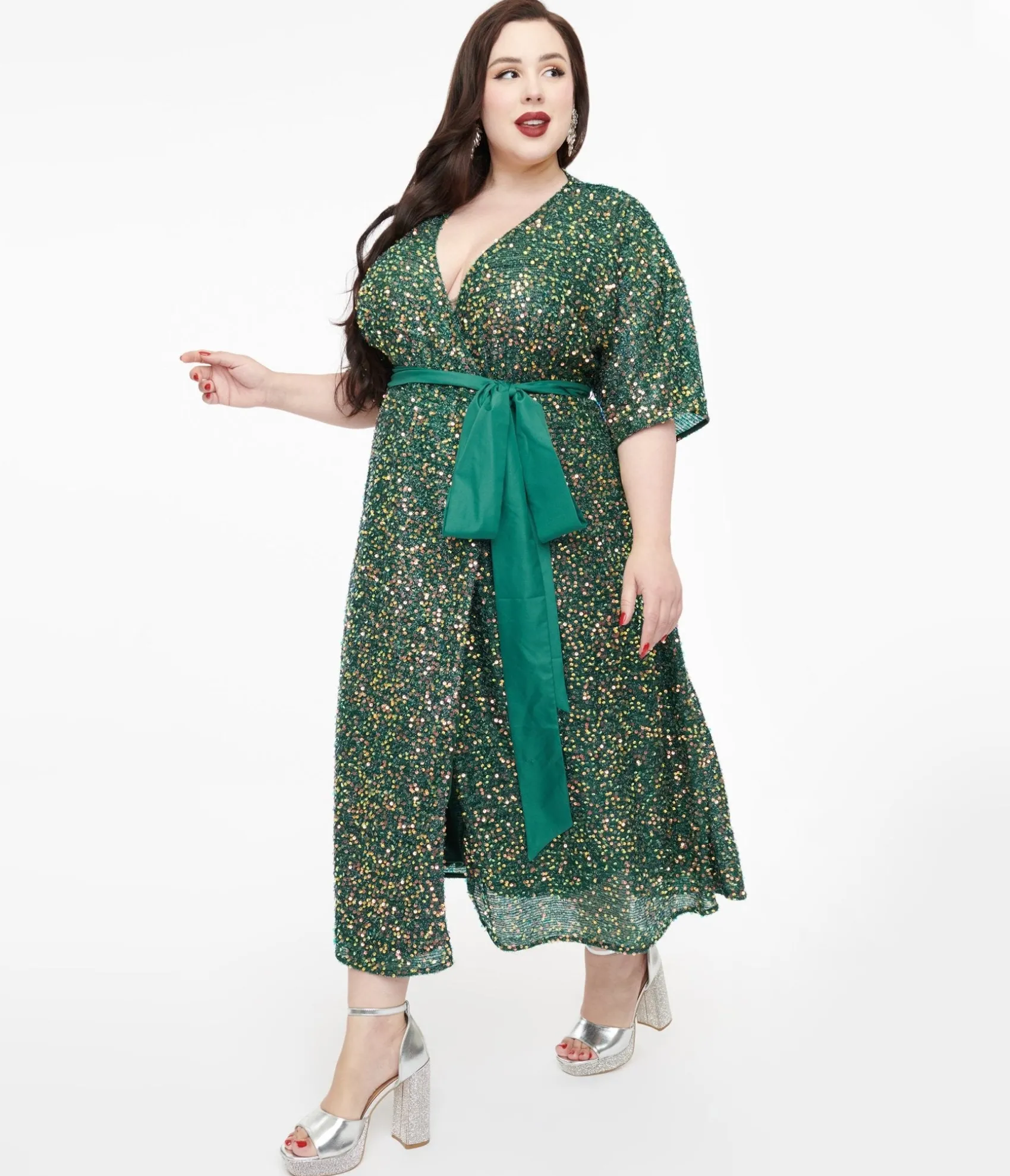 Unique Vintage Plus Size 1960s Green Sequin Wrap Midi Dress Flash Sale