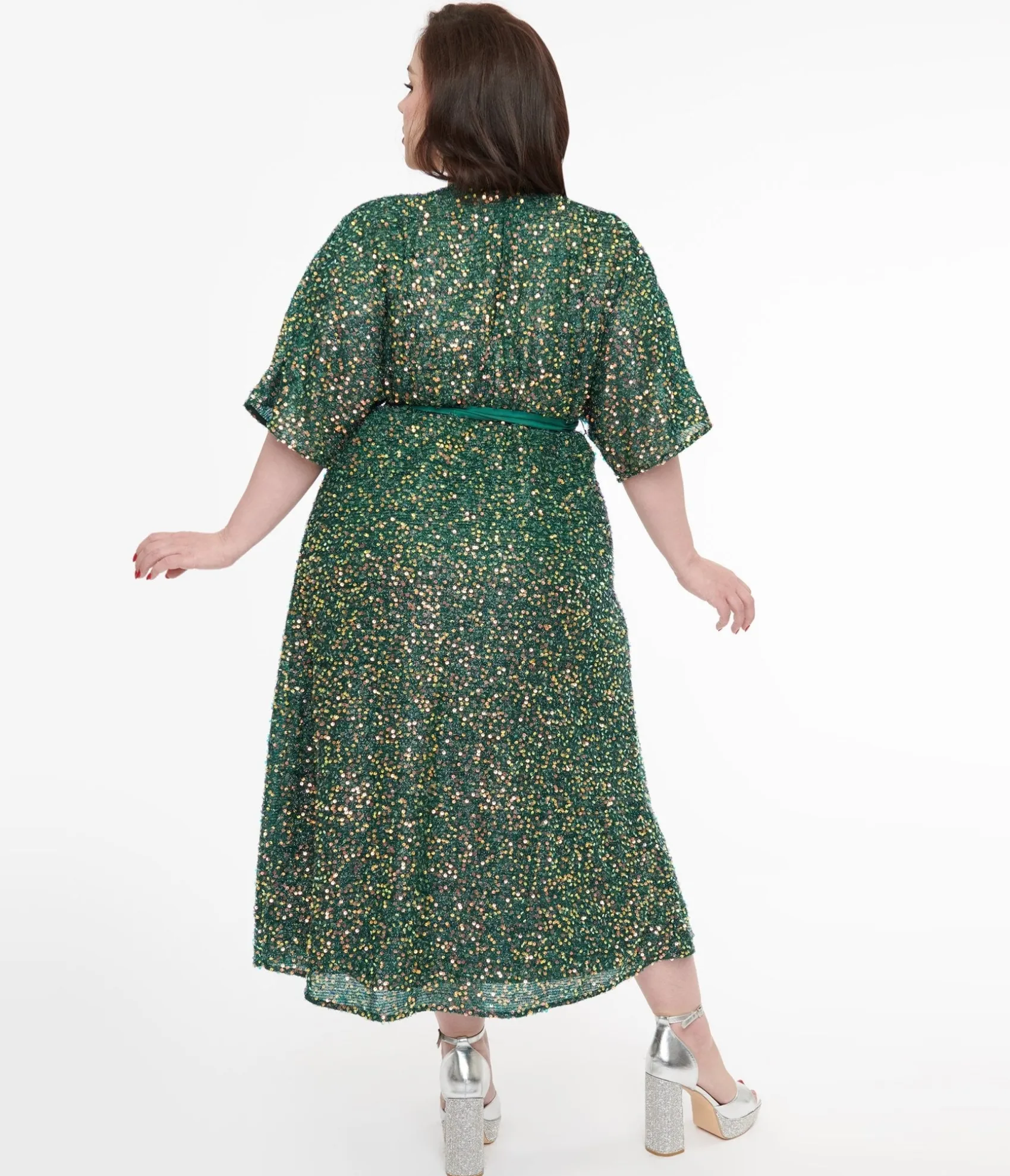 Unique Vintage Plus Size 1960s Green Sequin Wrap Midi Dress Flash Sale