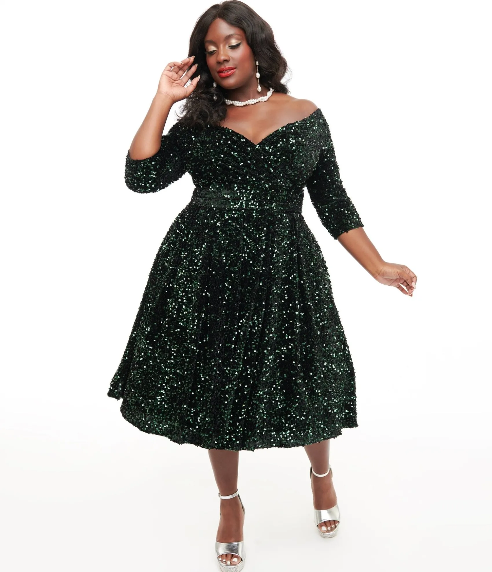 Unique Vintage Plus Size 1950s Green Velvet Sequin Marceline Swing Dress Outlet