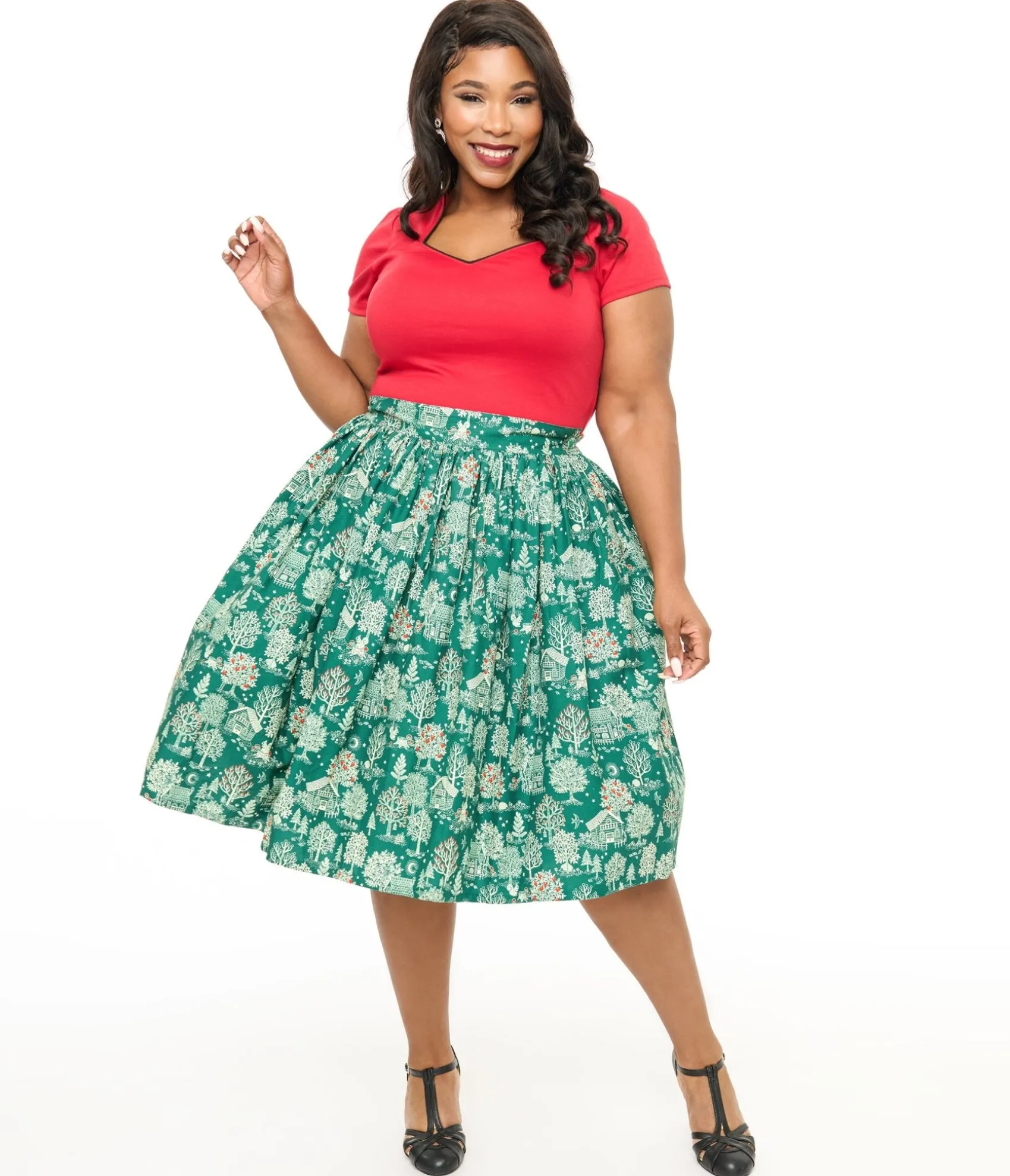 Unique Vintage Plus Size 1950s Green Winter Print Gellar Swing Skirt Best