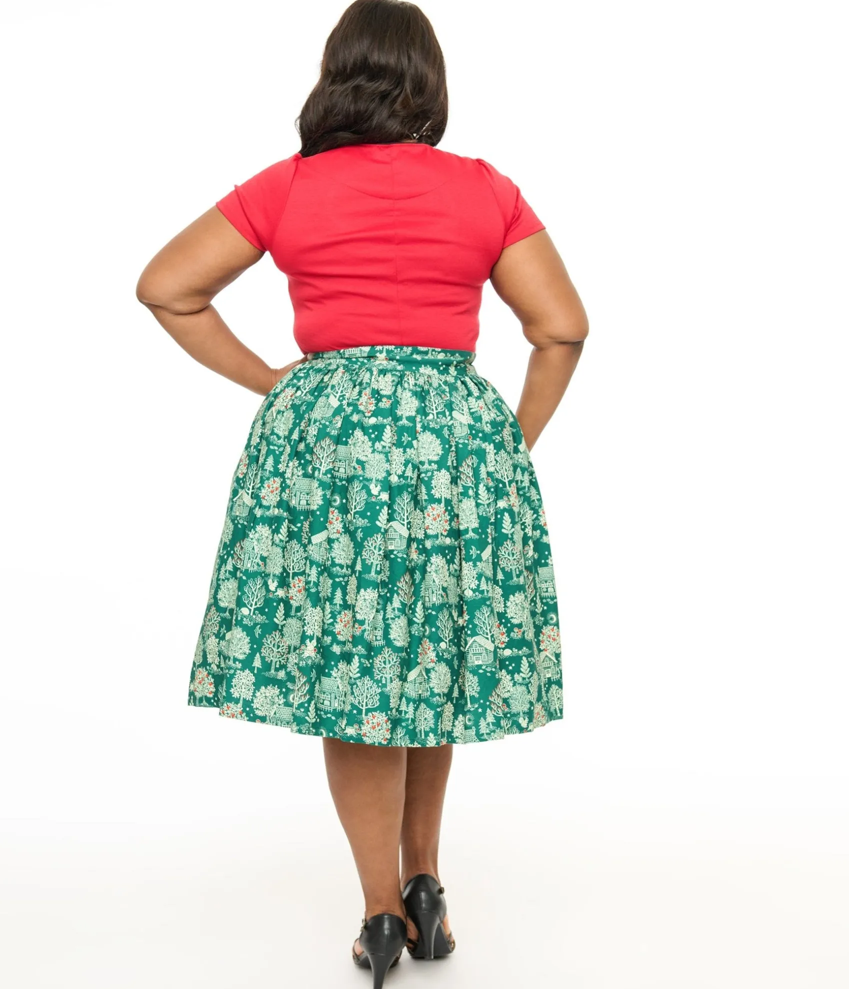Unique Vintage Plus Size 1950s Green Winter Print Gellar Swing Skirt Best