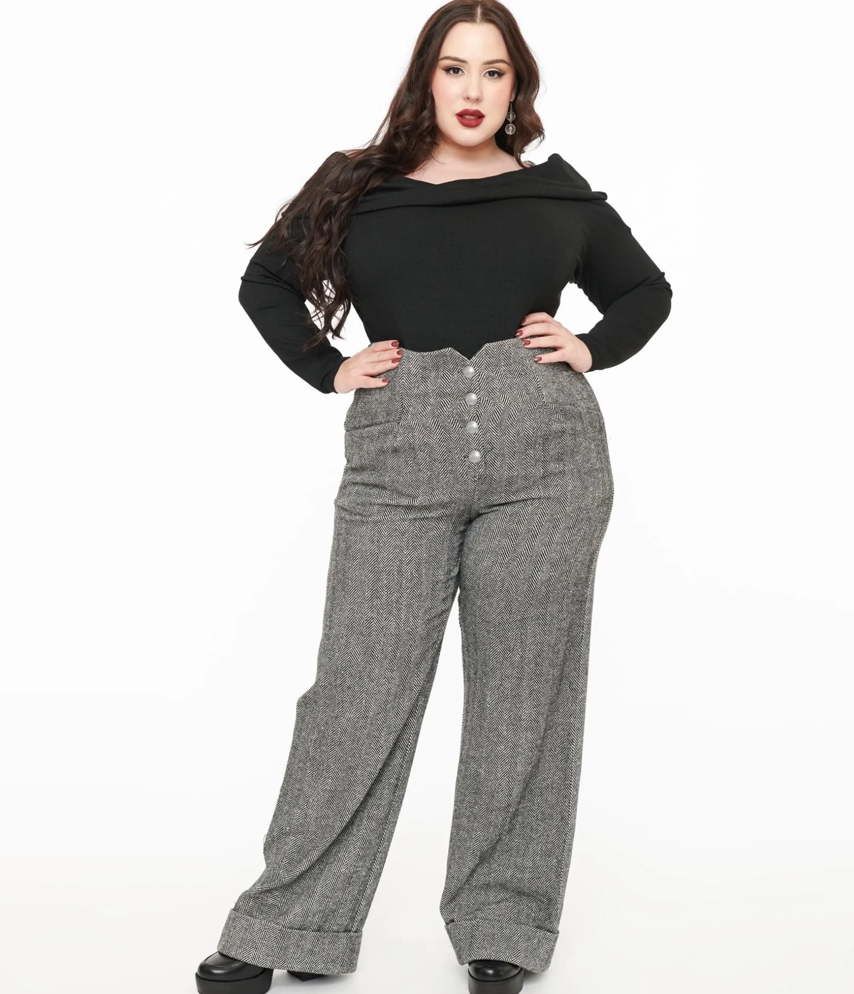 Unique Vintage Plus Size 1940s Grey Herringbone Buttoned Wide Leg Trousers Store