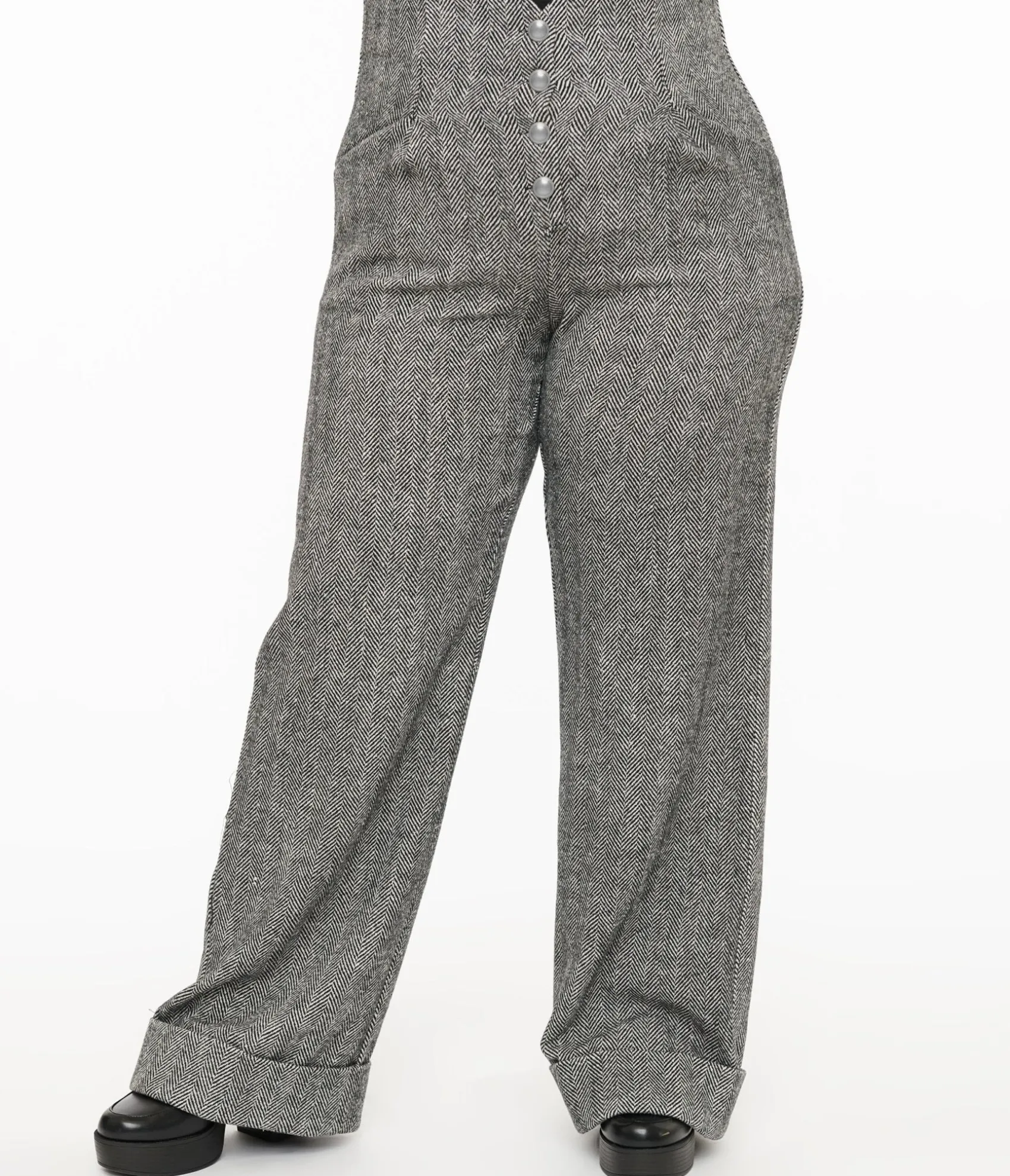 Unique Vintage Plus Size 1940s Grey Herringbone Buttoned Wide Leg Trousers Store