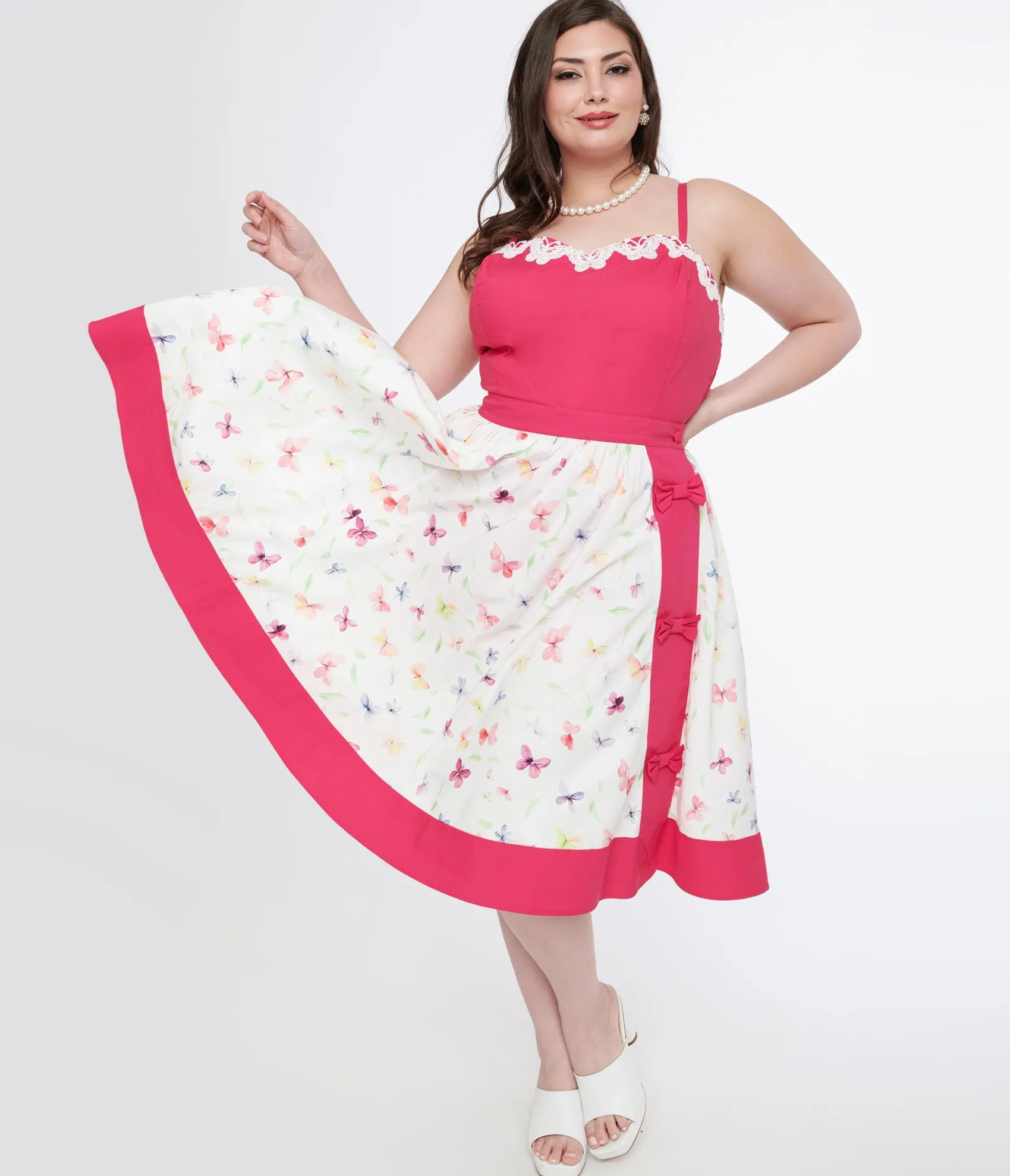 Unique Vintage Plus Size 1950s Hot Pink & White Butterfly Print Rye Swing Skirt Clearance