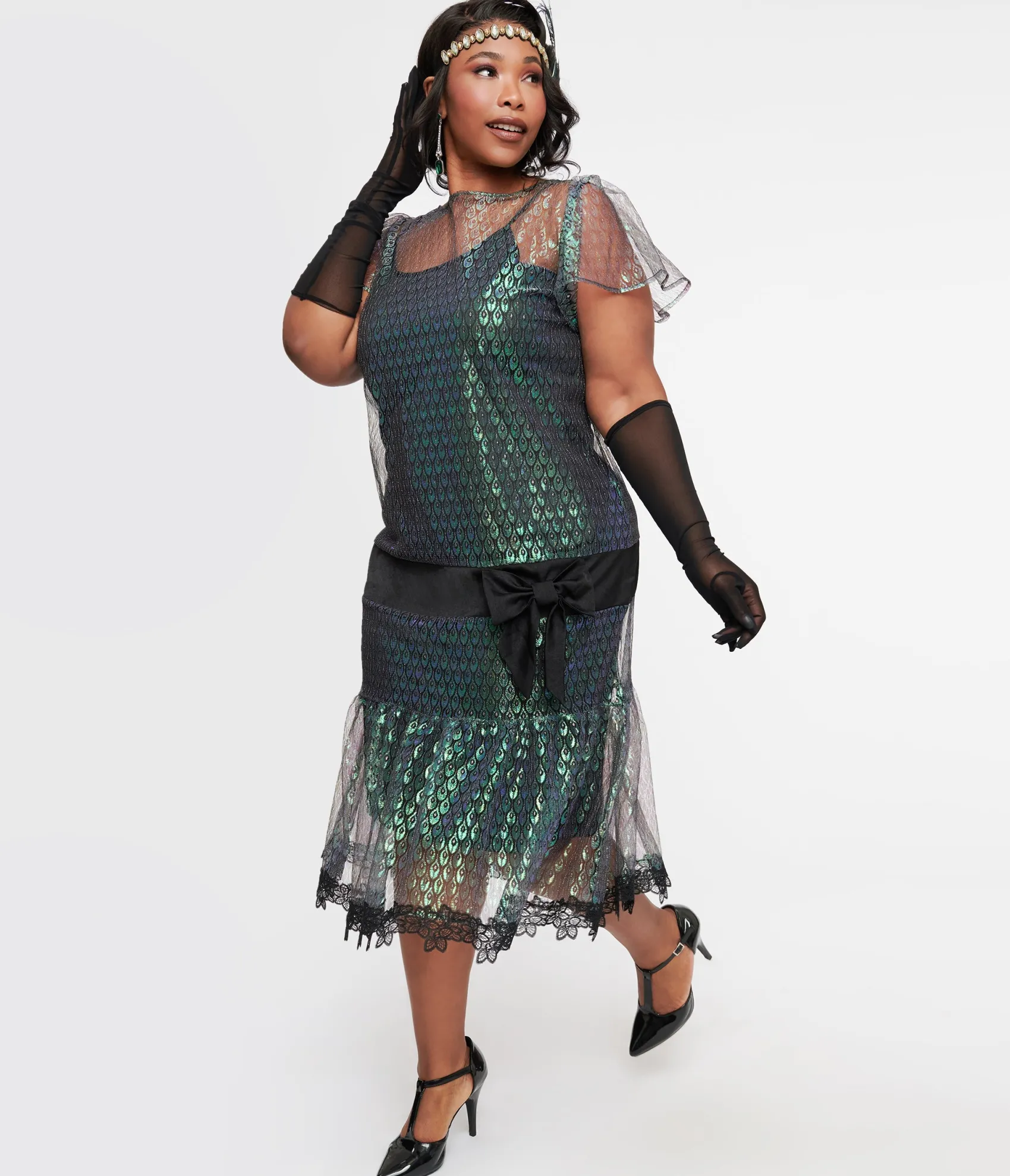 Unique Vintage Plus Size 1920s Iridescent Peacock & Black Bow Flapper Dress Store