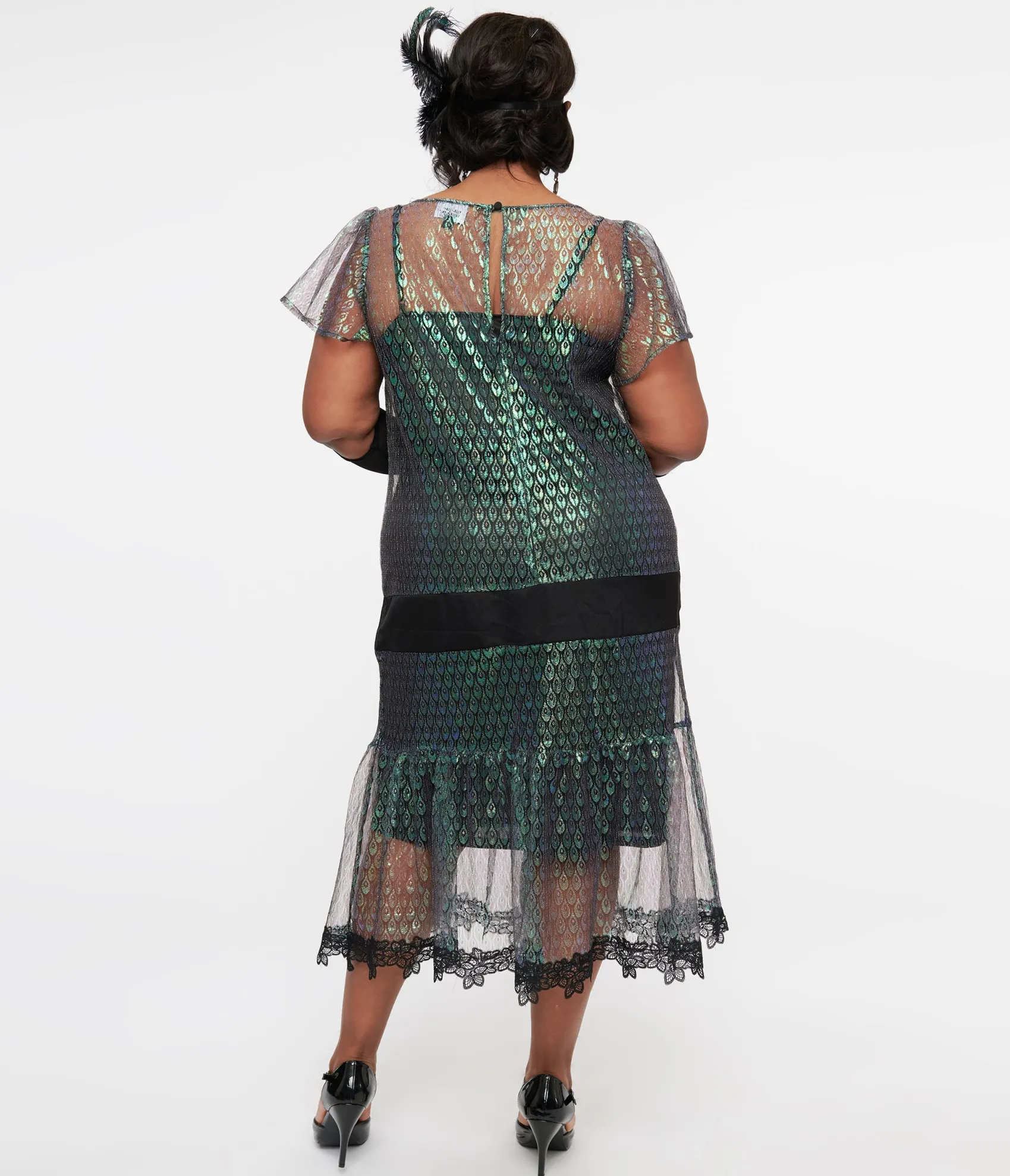 Unique Vintage Plus Size 1920s Iridescent Peacock & Black Bow Flapper Dress Store