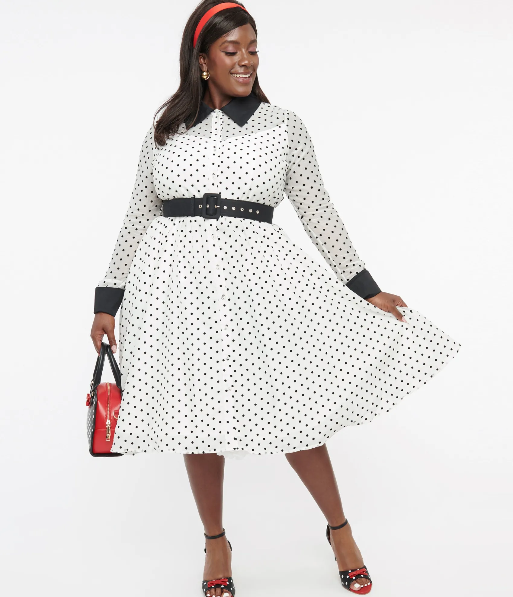 Unique Vintage Plus Size 1950s Ivory & Black Polka Dot Tulle Swing Dress Best Sale