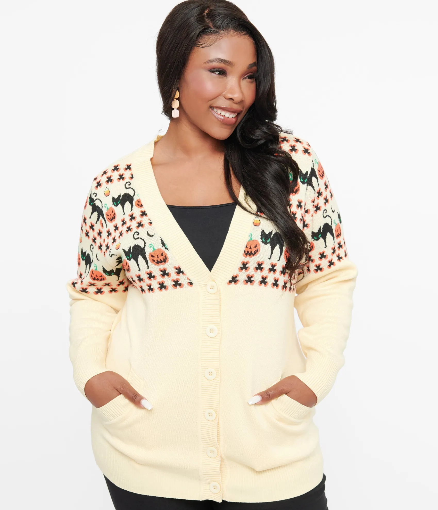Unique Vintage Plus Size 1960s Ivory & Orange Halloween Print Cardigan Cheap