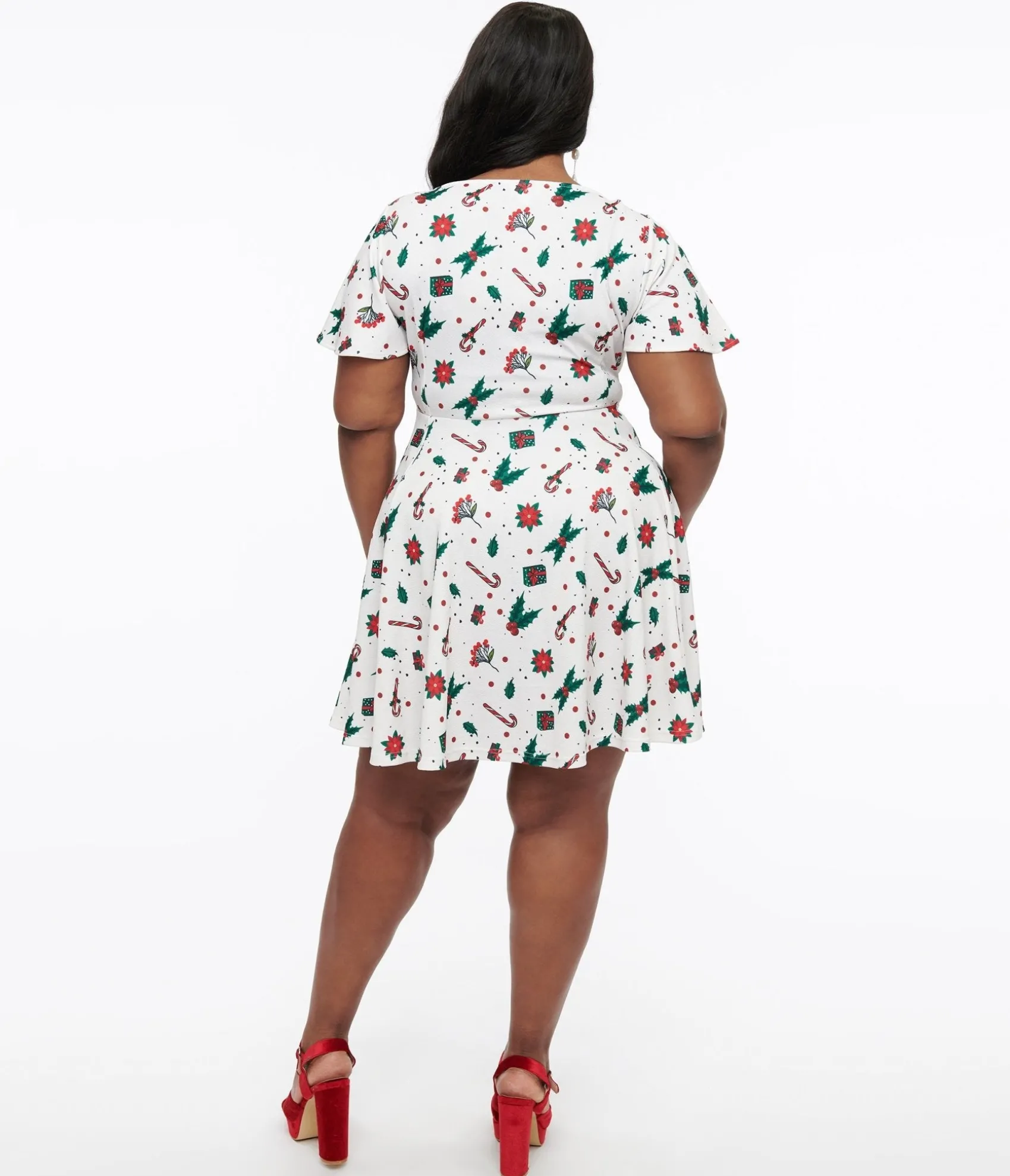 Unique Vintage Plus Size 1950s Ivory Christmas Print Poppy Flare Dress Sale