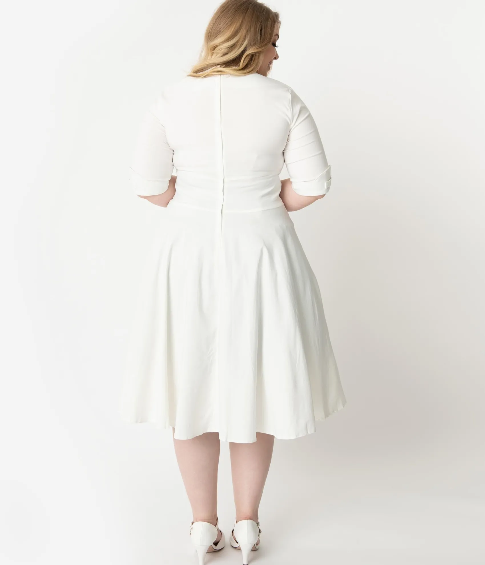 Unique Vintage Plus Size 1950s Ivory Delores Swing Dress with Sleeves Cheap