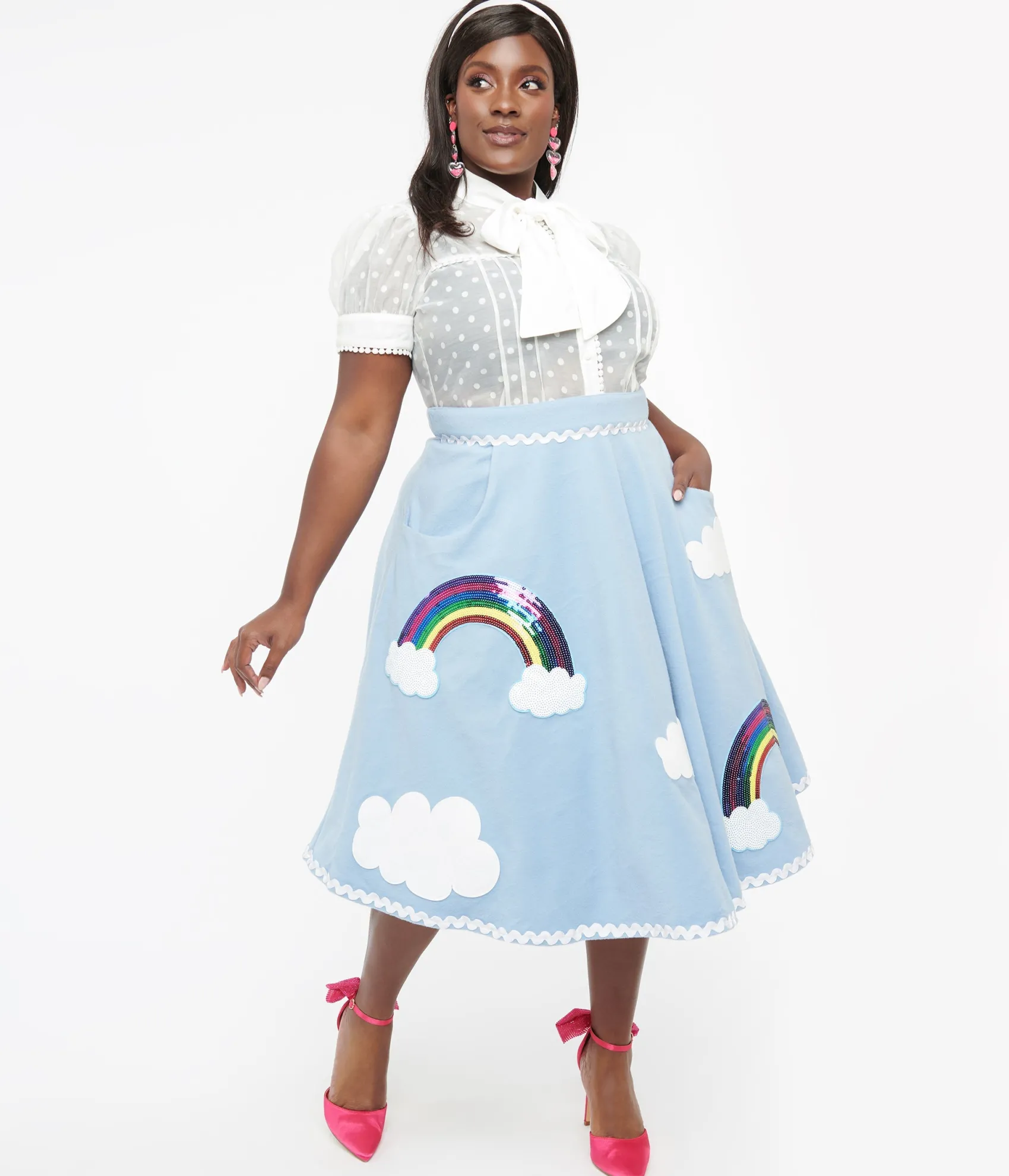 Unique Vintage Plus Size 1950s Light Blue & Rainbow Sequin Soda Shop Swing Skirt Discount