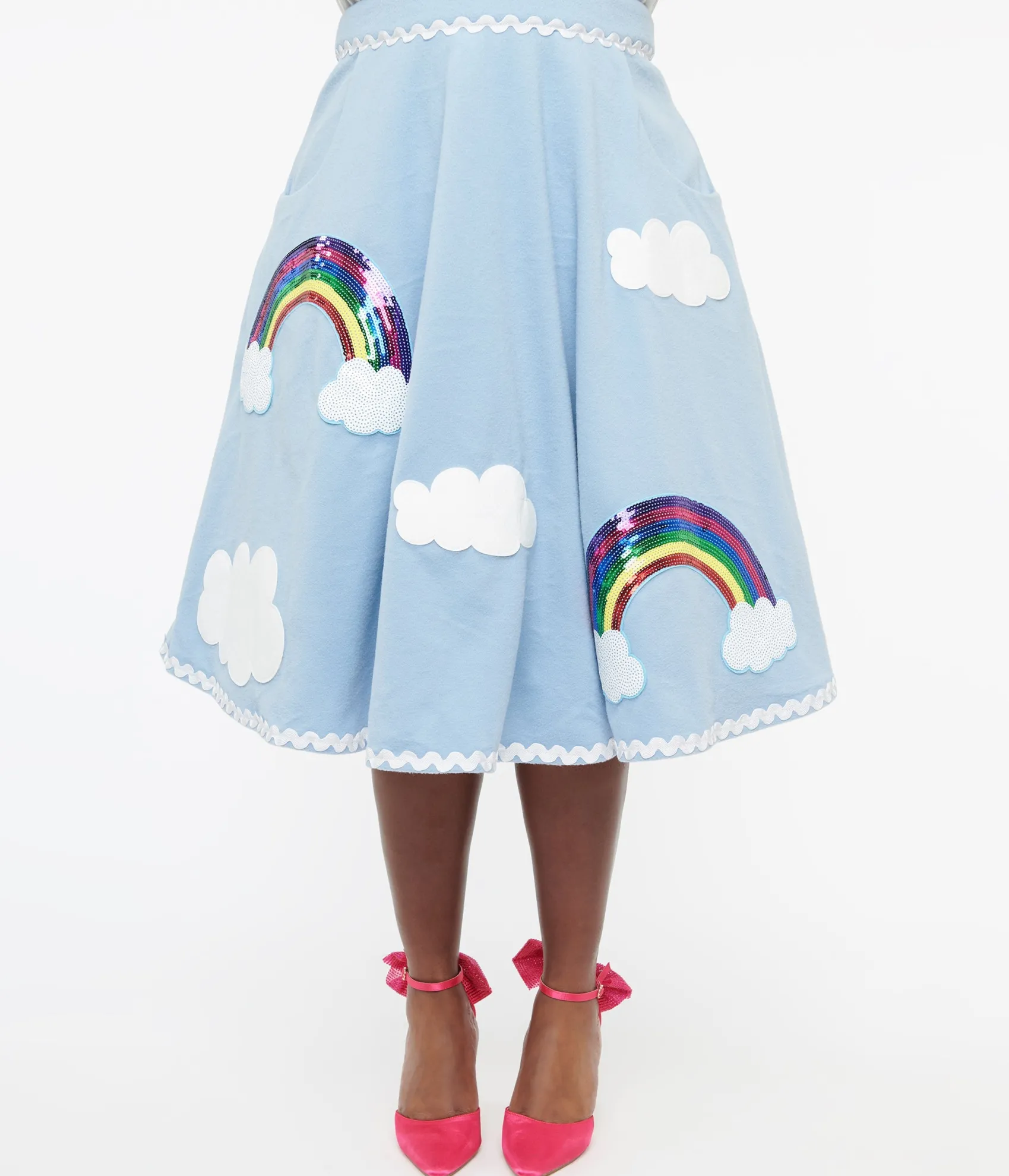 Unique Vintage Plus Size 1950s Light Blue & Rainbow Sequin Soda Shop Swing Skirt Discount