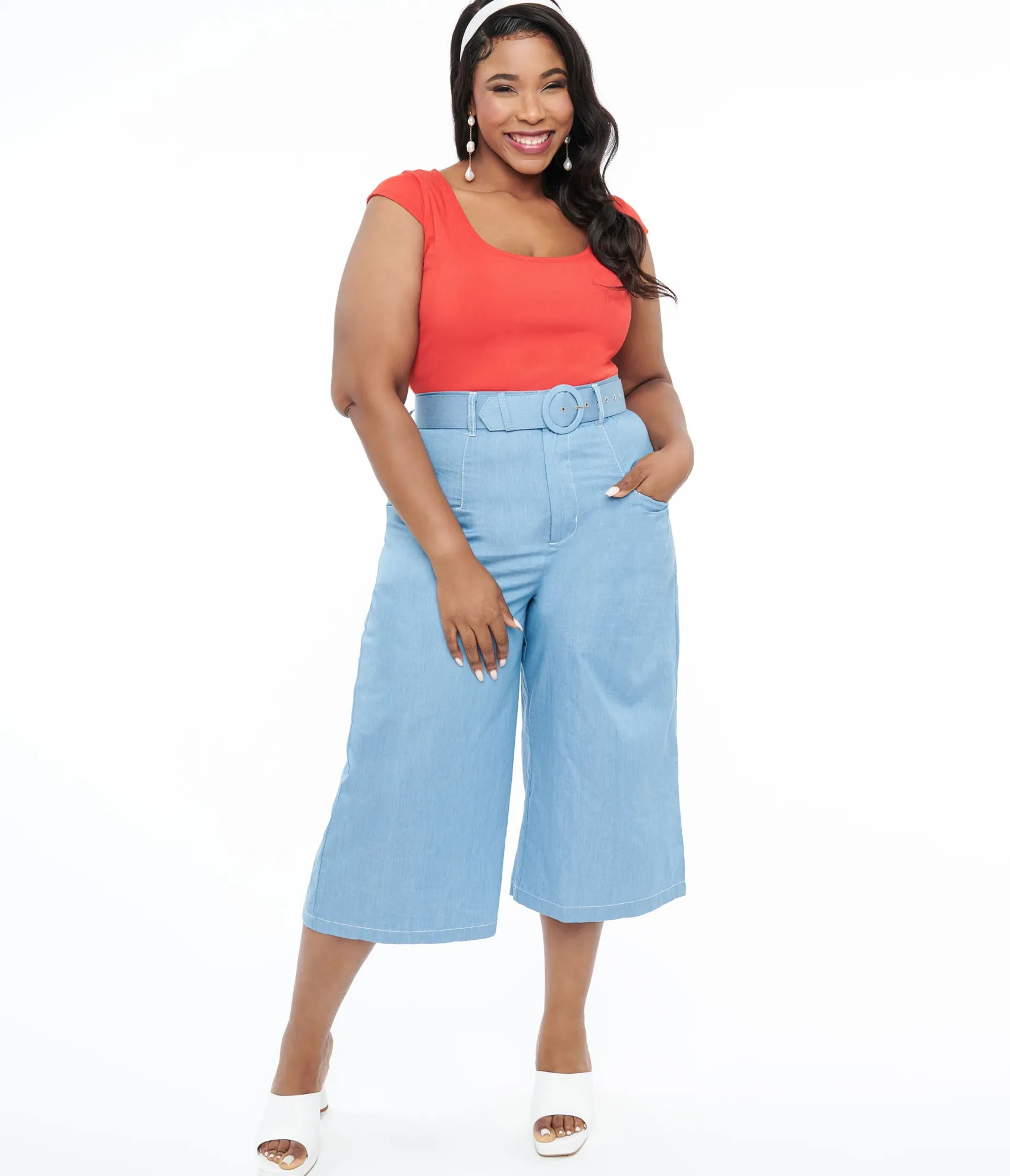 Unique Vintage Plus Size 1940s Light Blue Denim Ginger Capri Pants Online