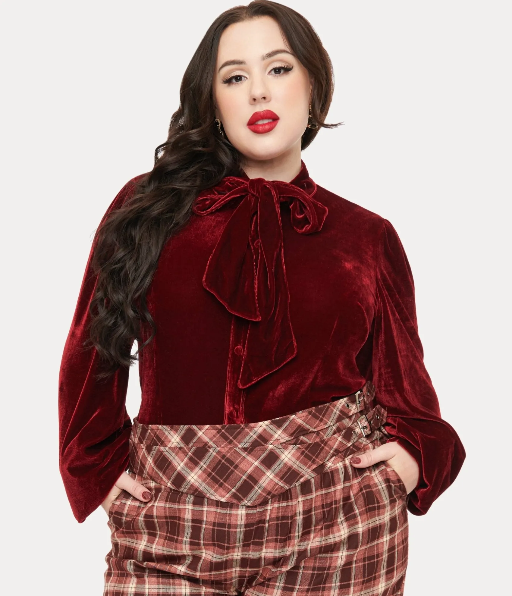 Unique Vintage Plus Size 1950s Merlot Velvet Gwen Blouse Best Sale