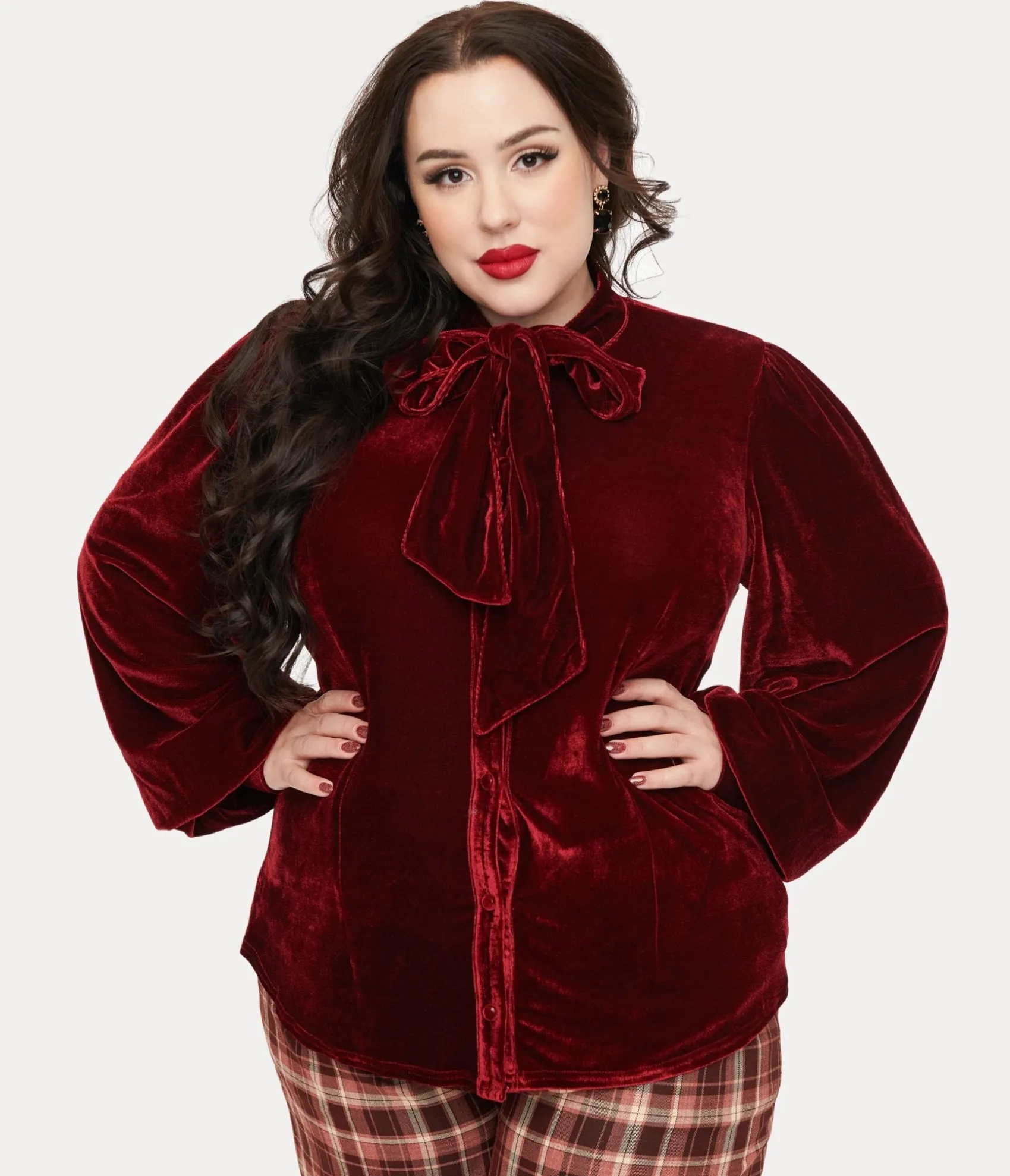 Unique Vintage Plus Size 1950s Merlot Velvet Gwen Blouse Best Sale