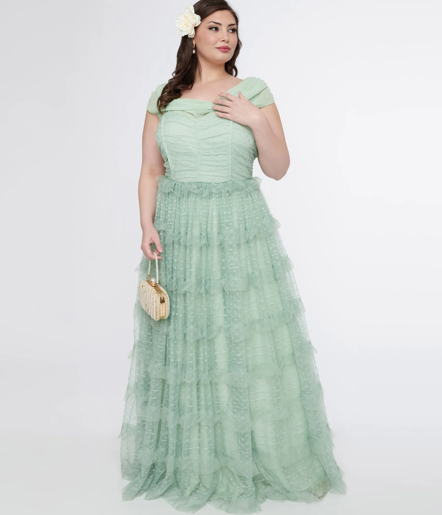 Unique Vintage Plus Size 1950s Mint Green Clip Dot Off The Shoulder Cocktail Dress Online