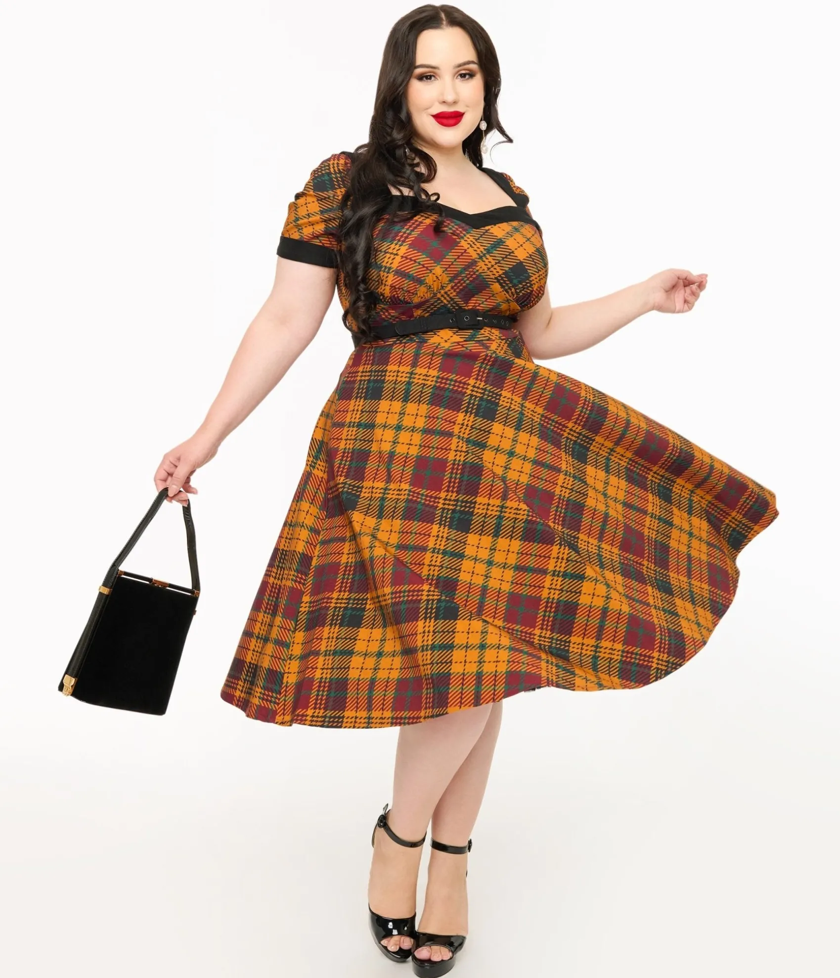 Unique Vintage Plus Size 1950s Mustard Yellow & Burgundy Plaid Swing Dress Sale