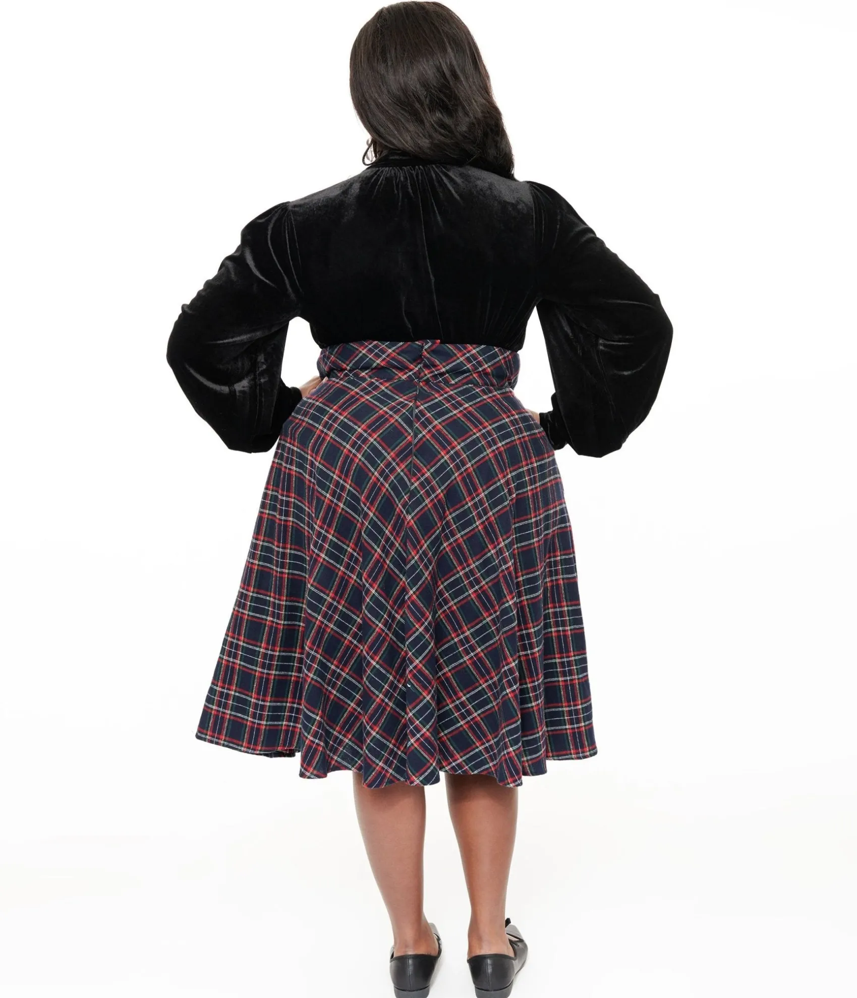 Unique Vintage Plus Size 1950s Navy & Green Plaid High Waist Vivien Swing Skirt Outlet