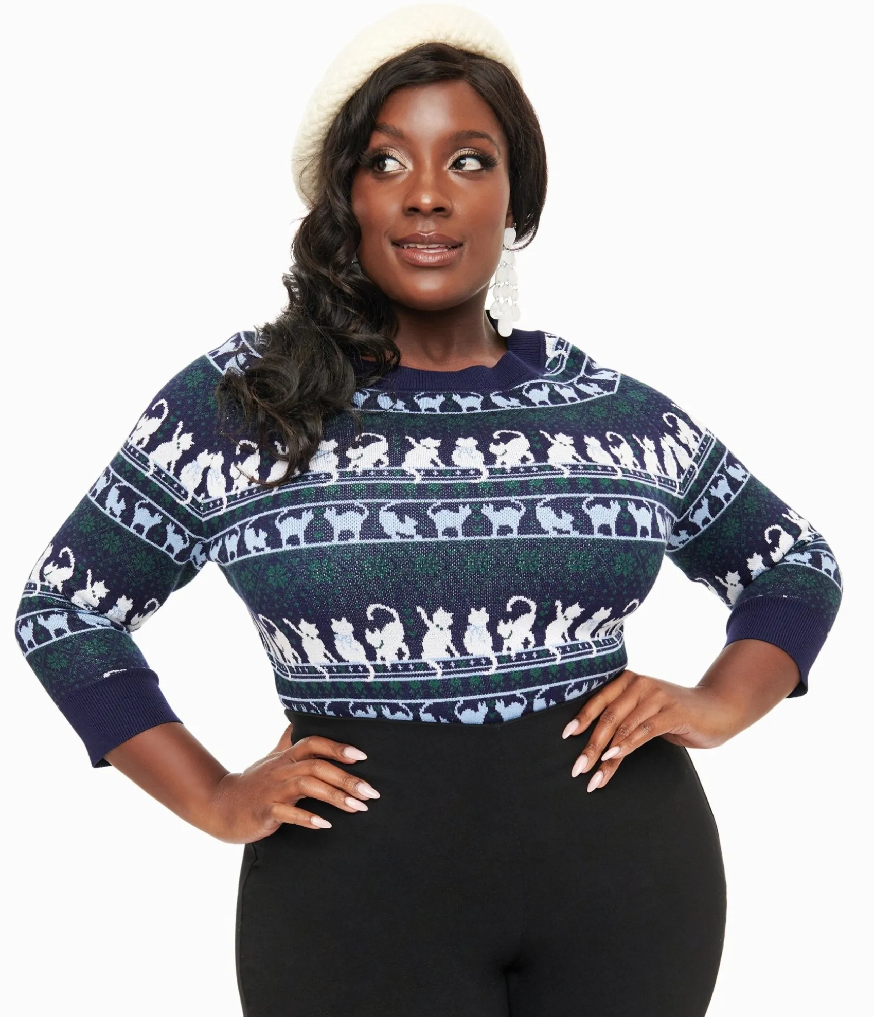 Unique Vintage Plus Size 1940s Navy & White Cat Pattern Lorelai Sweater Cheap