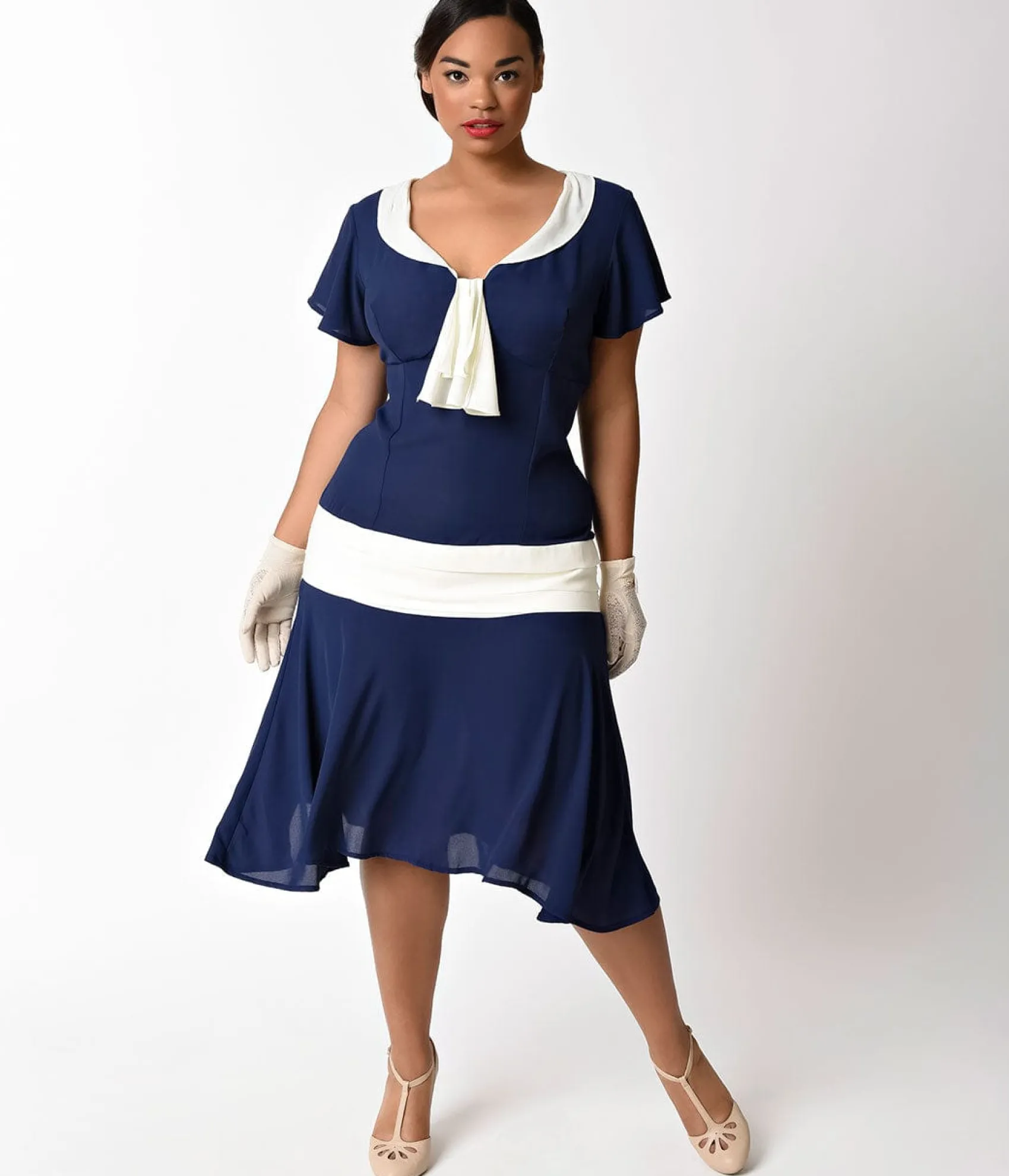 Unique Vintage Plus Size 1920s Navy Blue & Ivory Wilshire Flapper Day Dress Best