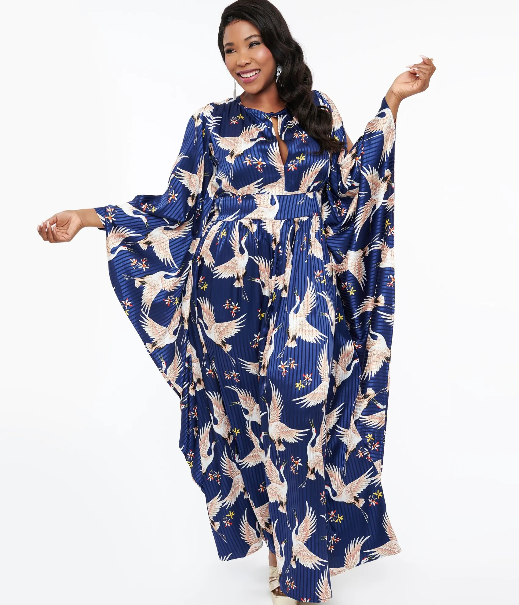 Unique Vintage Plus Size 1960s Navy Crane Flutter Sleeve Caftan Online