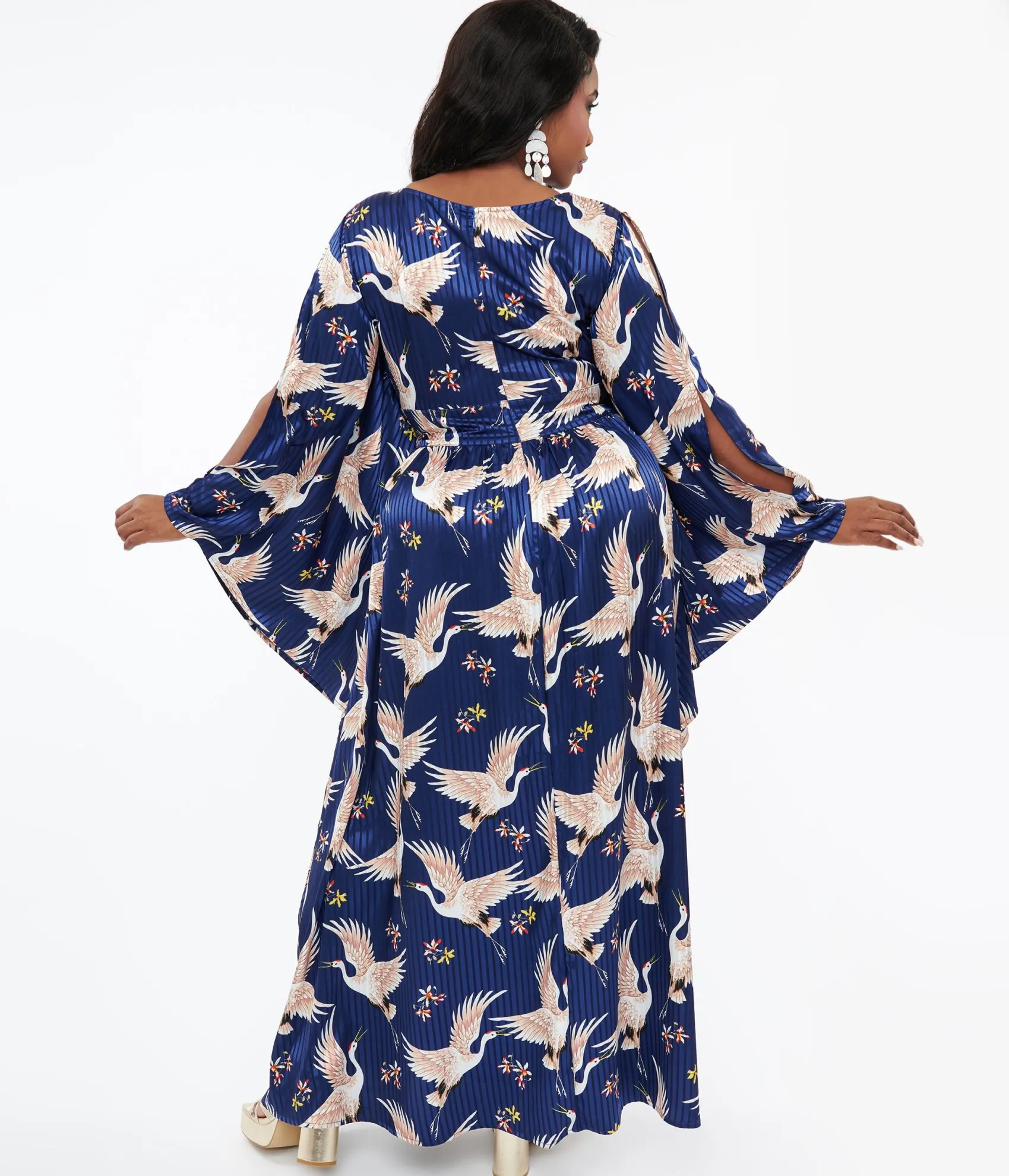 Unique Vintage Plus Size 1960s Navy Crane Flutter Sleeve Caftan Online