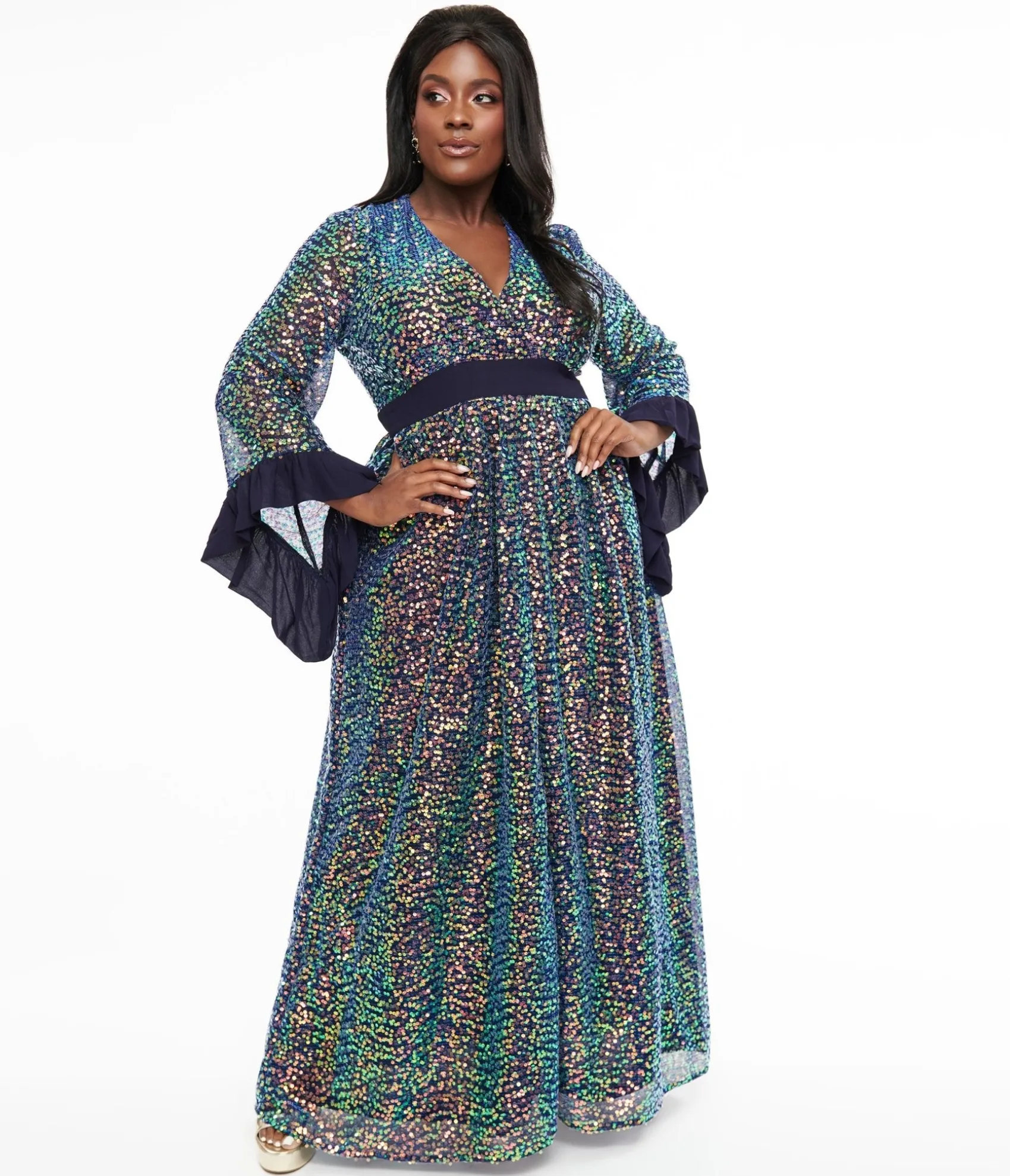 Unique Vintage Plus Size 1970s Navy Glitter Sequin Maxi Dress New