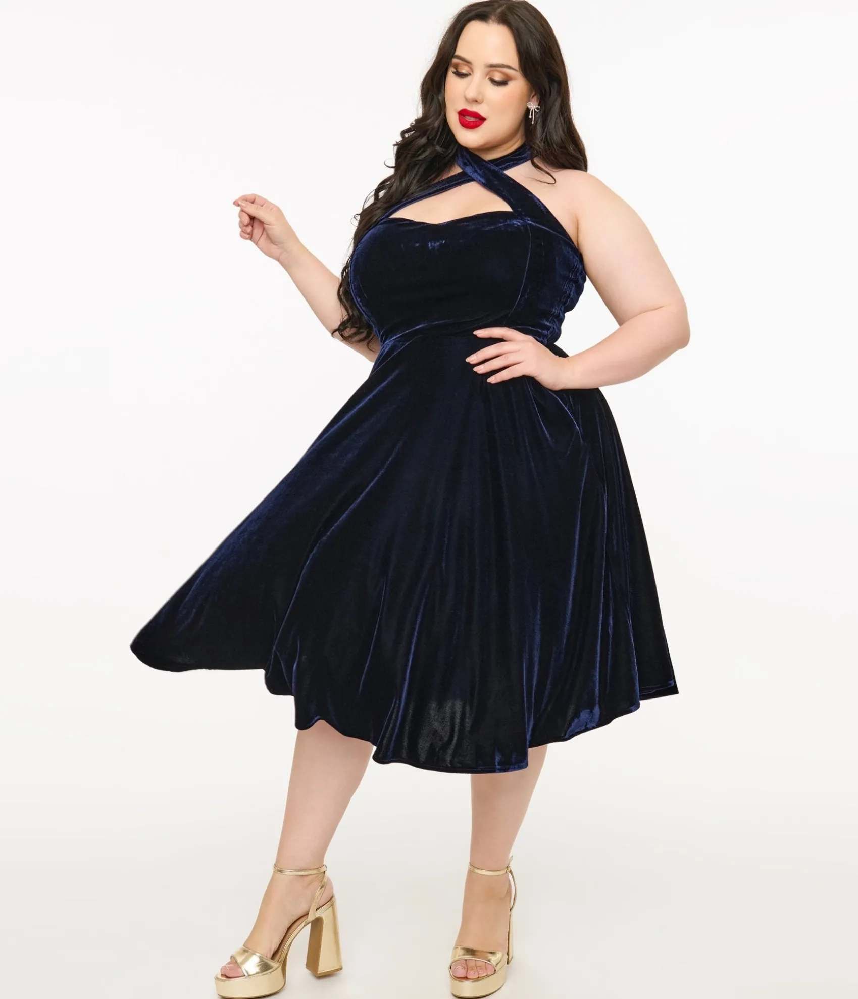 Unique Vintage Plus Size 1950s Navy Velvet Criss Cross Halter Rita Flare Dress Cheap