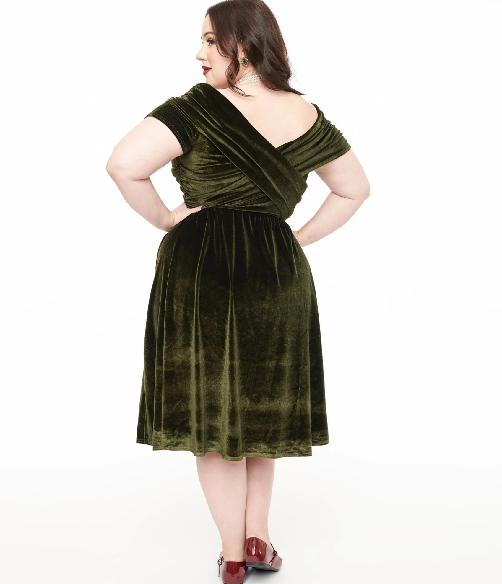 Unique Vintage Plus Size 1950s Olive Green Shirred Velvet Swing Dress Online