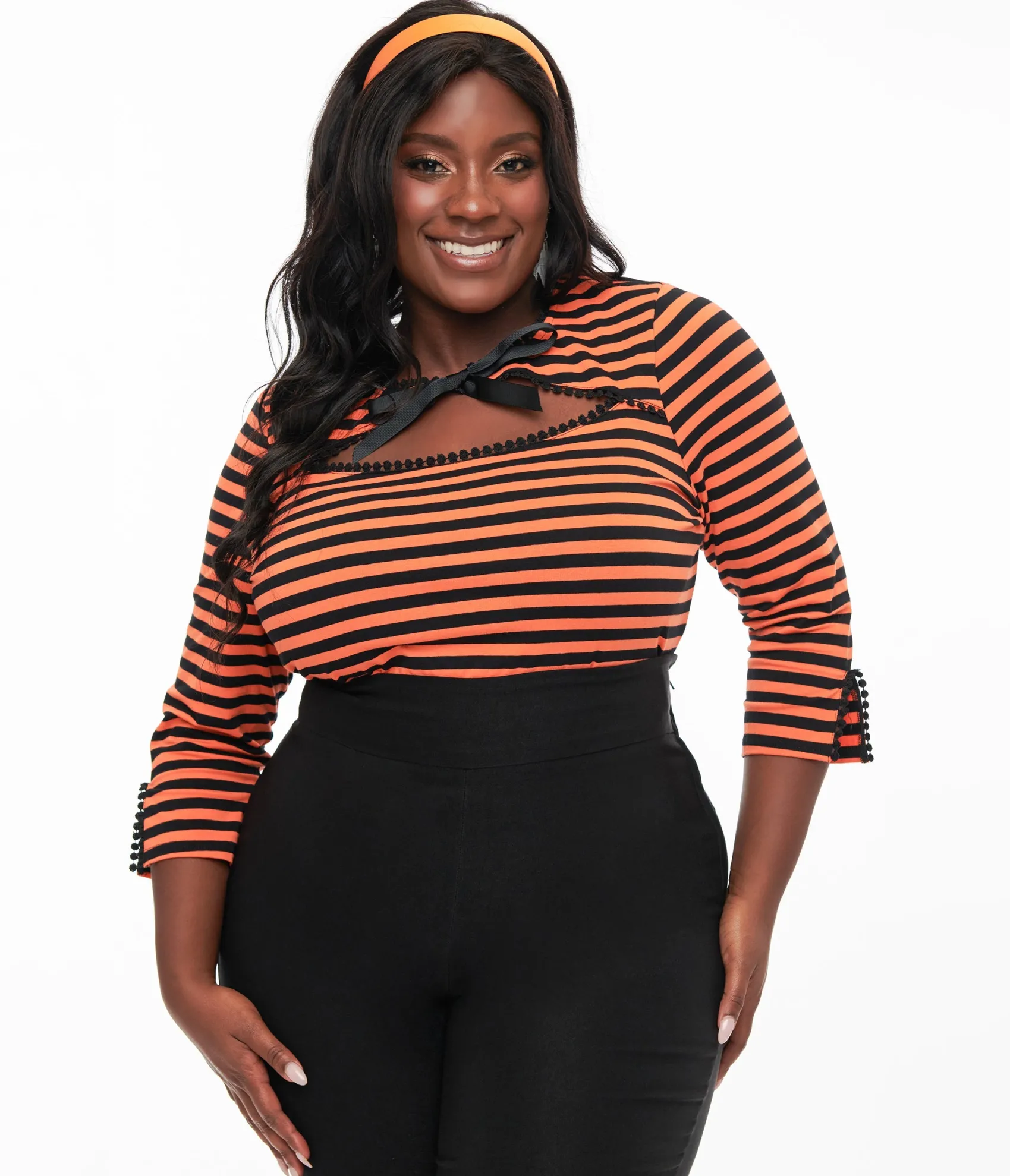 Unique Vintage Plus Size 1950s Orange & Black Stripe Cutout Neck Tie Top Shop