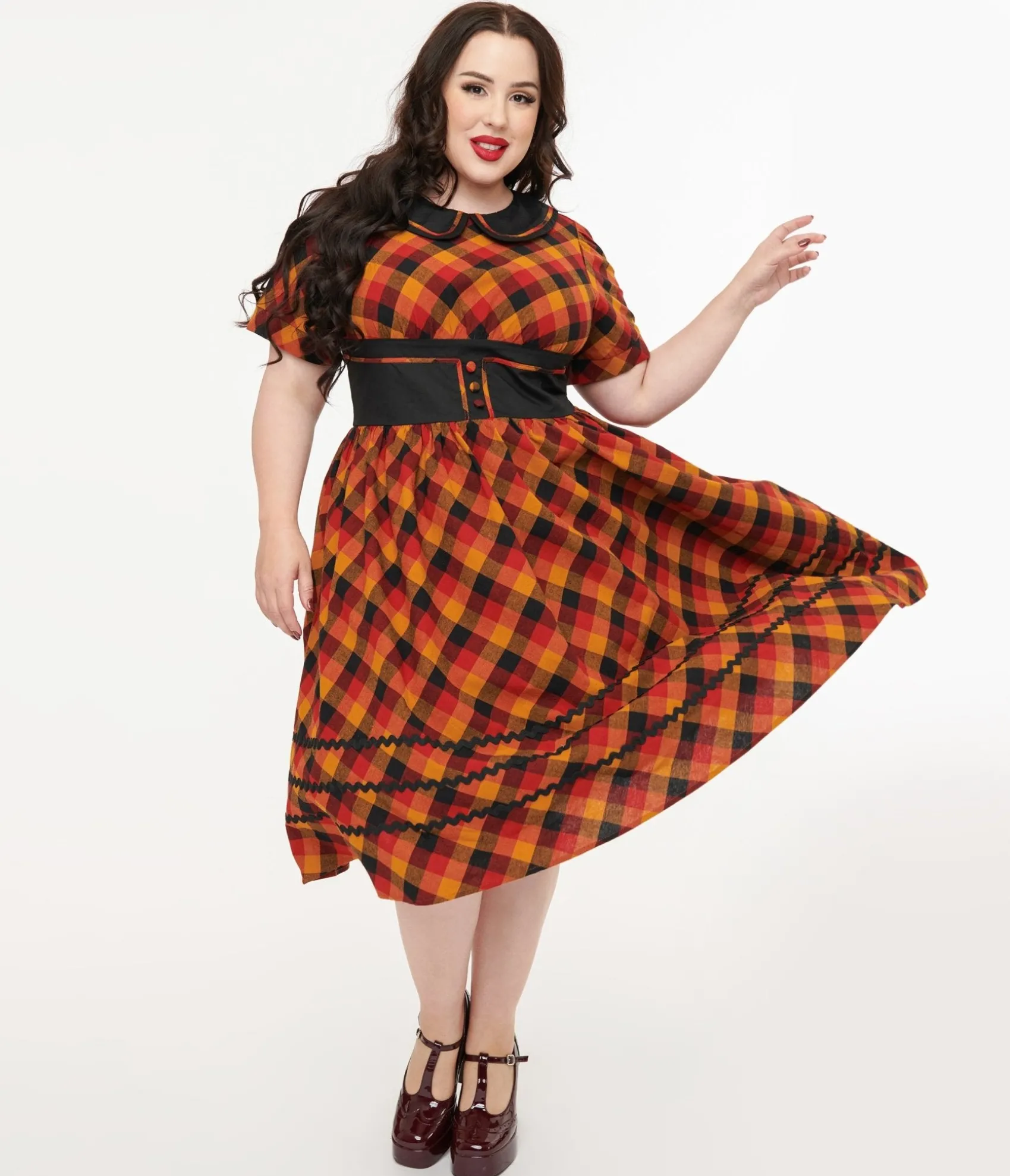 Unique Vintage Plus Size 1950s Orange & Red Plaid Peter Pan Collar Swing Dress Store