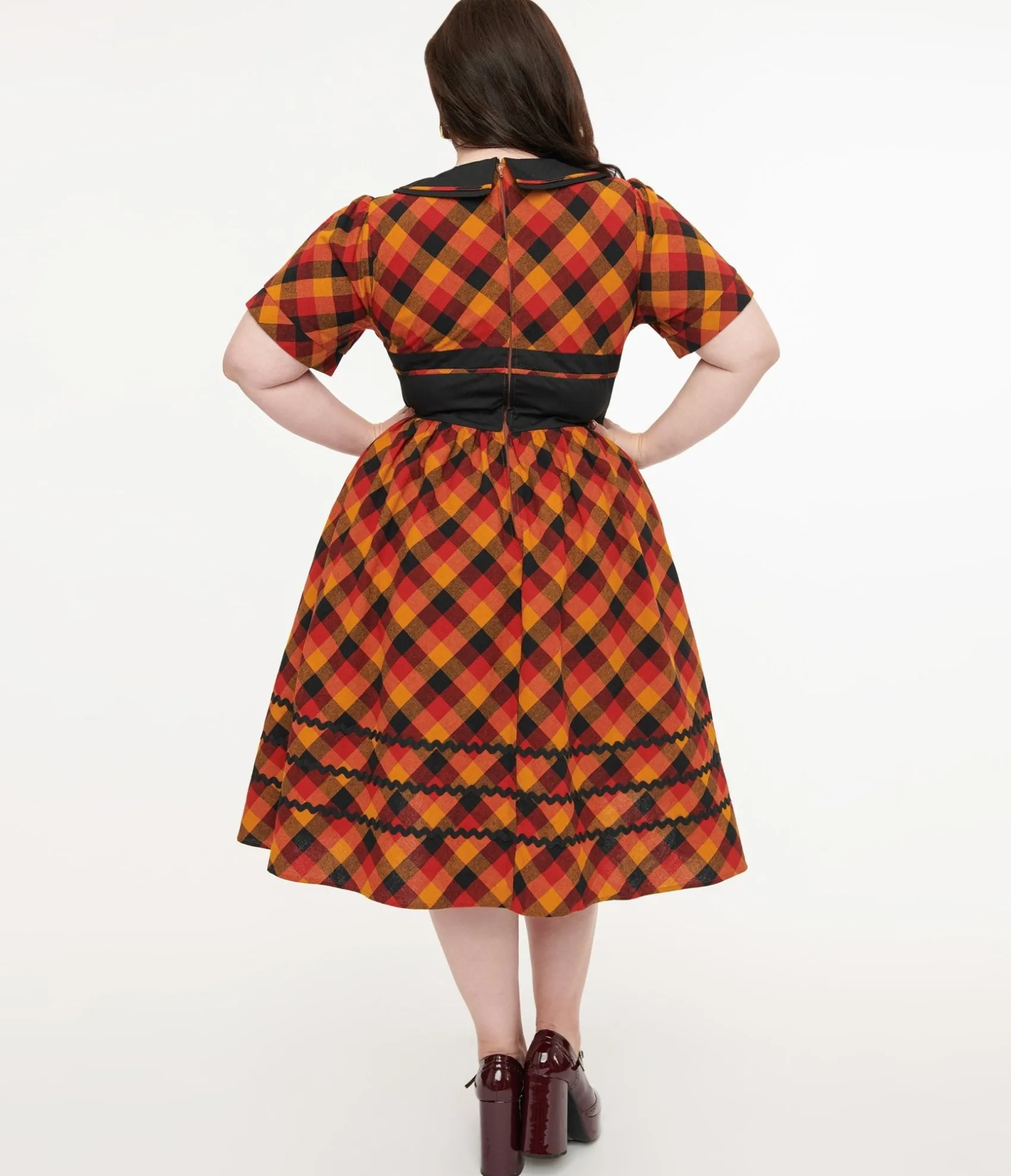 Unique Vintage Plus Size 1950s Orange & Red Plaid Peter Pan Collar Swing Dress Store