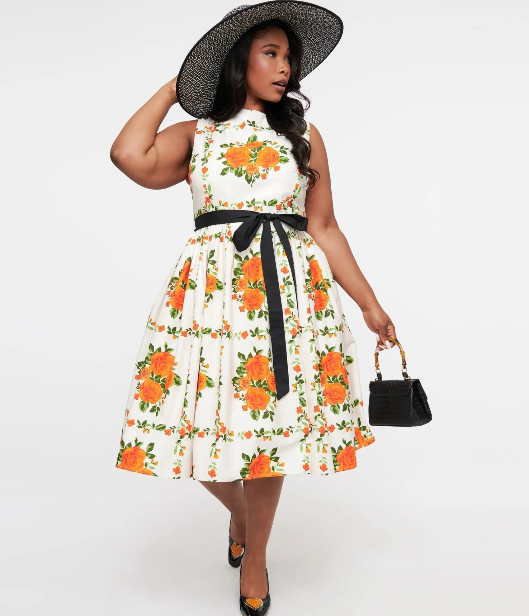 Unique Vintage Plus Size 1950s Orange Fall Floral Sleeveless Swing Dress Outlet
