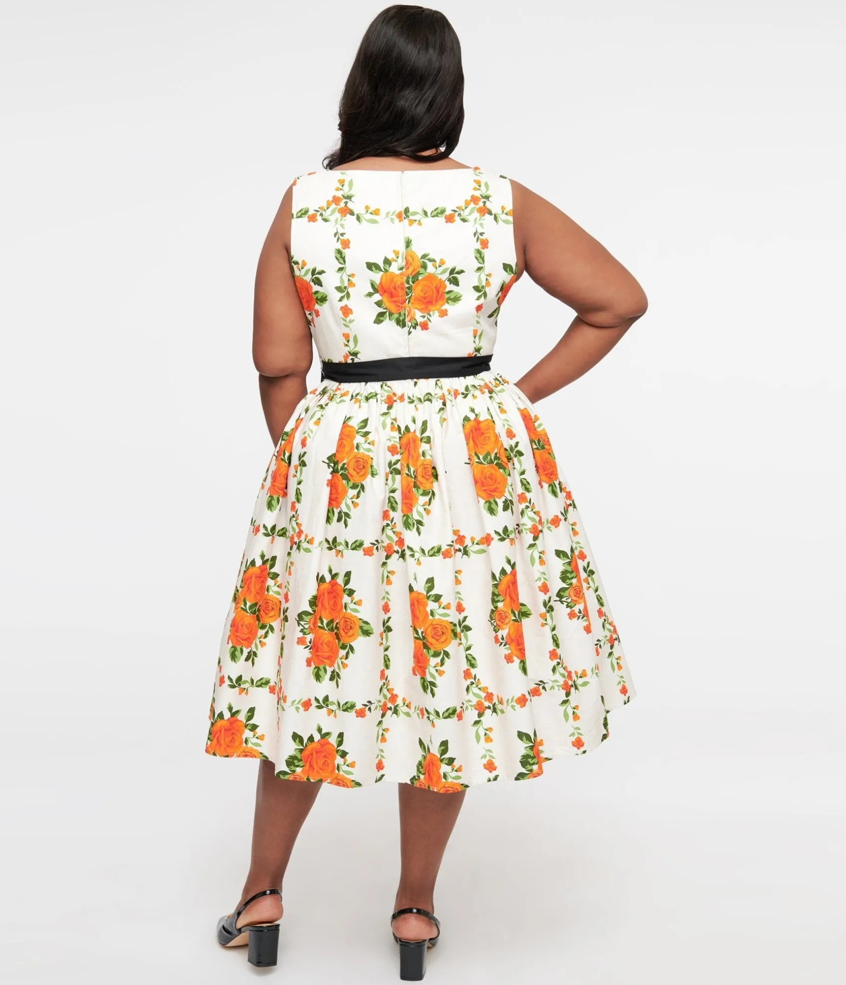 Unique Vintage Plus Size 1950s Orange Fall Floral Sleeveless Swing Dress Outlet
