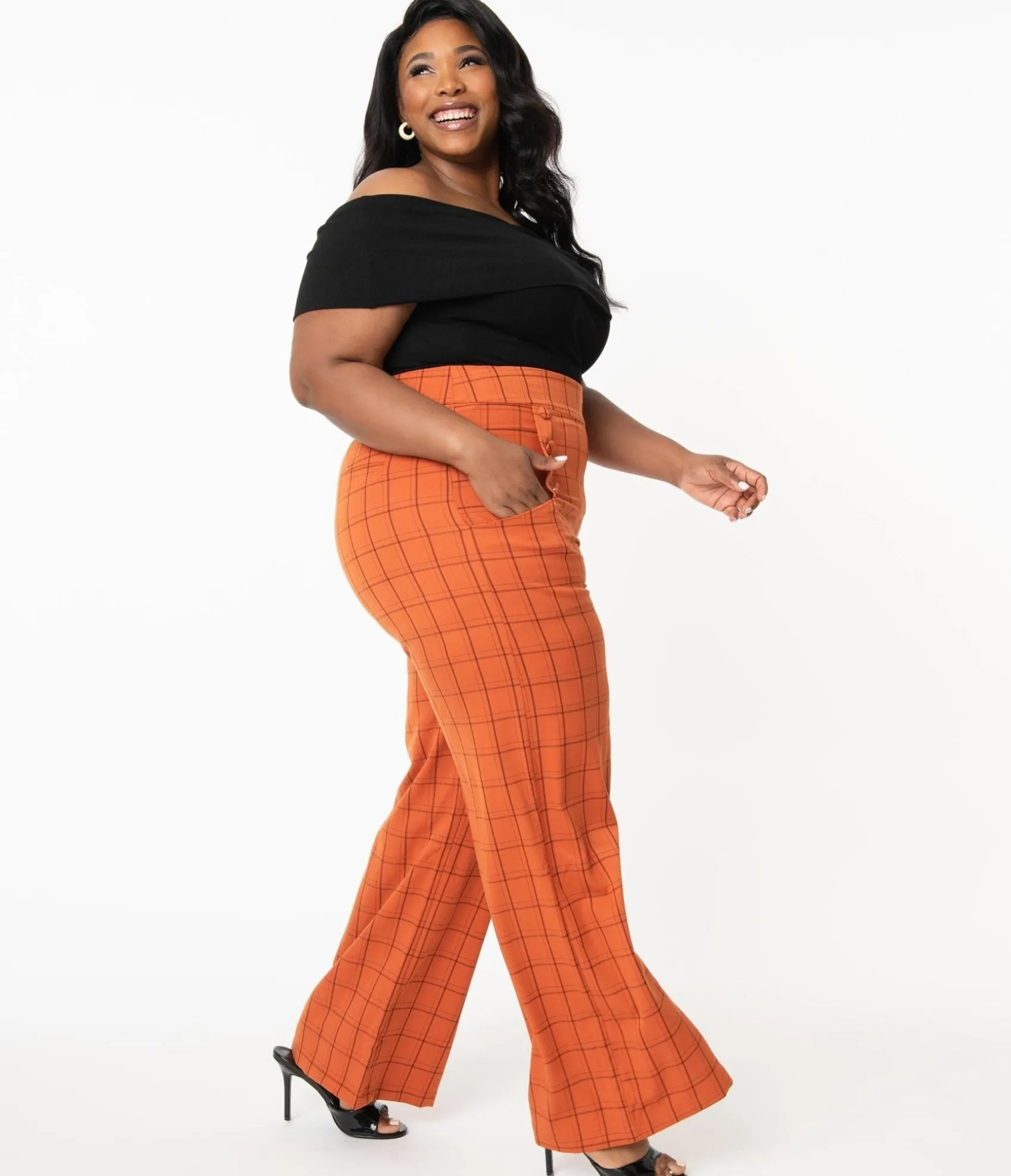 Unique Vintage Plus Size 1940s Orange Windowpane High Waist Ginger Pants Flash Sale
