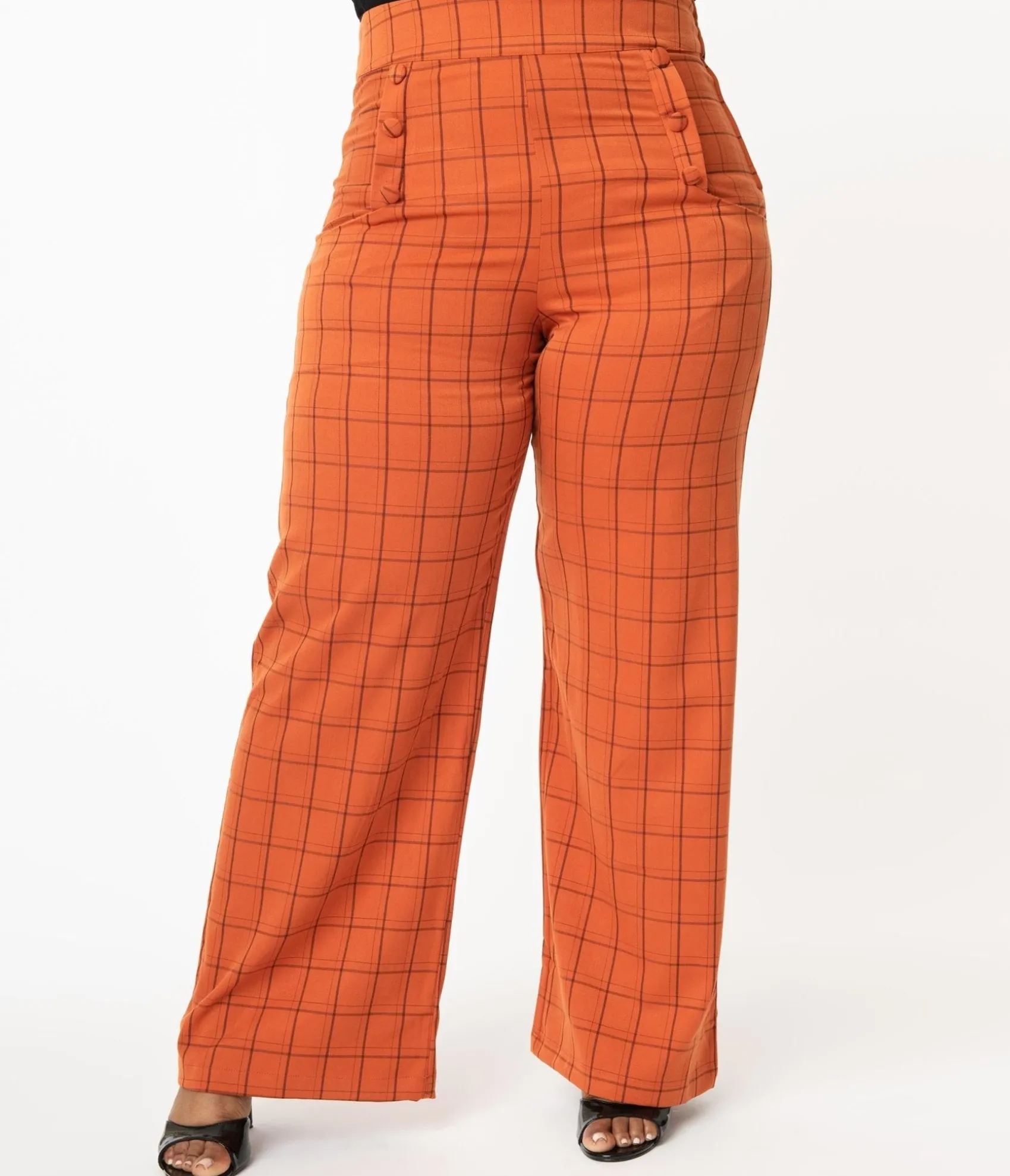 Unique Vintage Plus Size 1940s Orange Windowpane High Waist Ginger Pants Flash Sale
