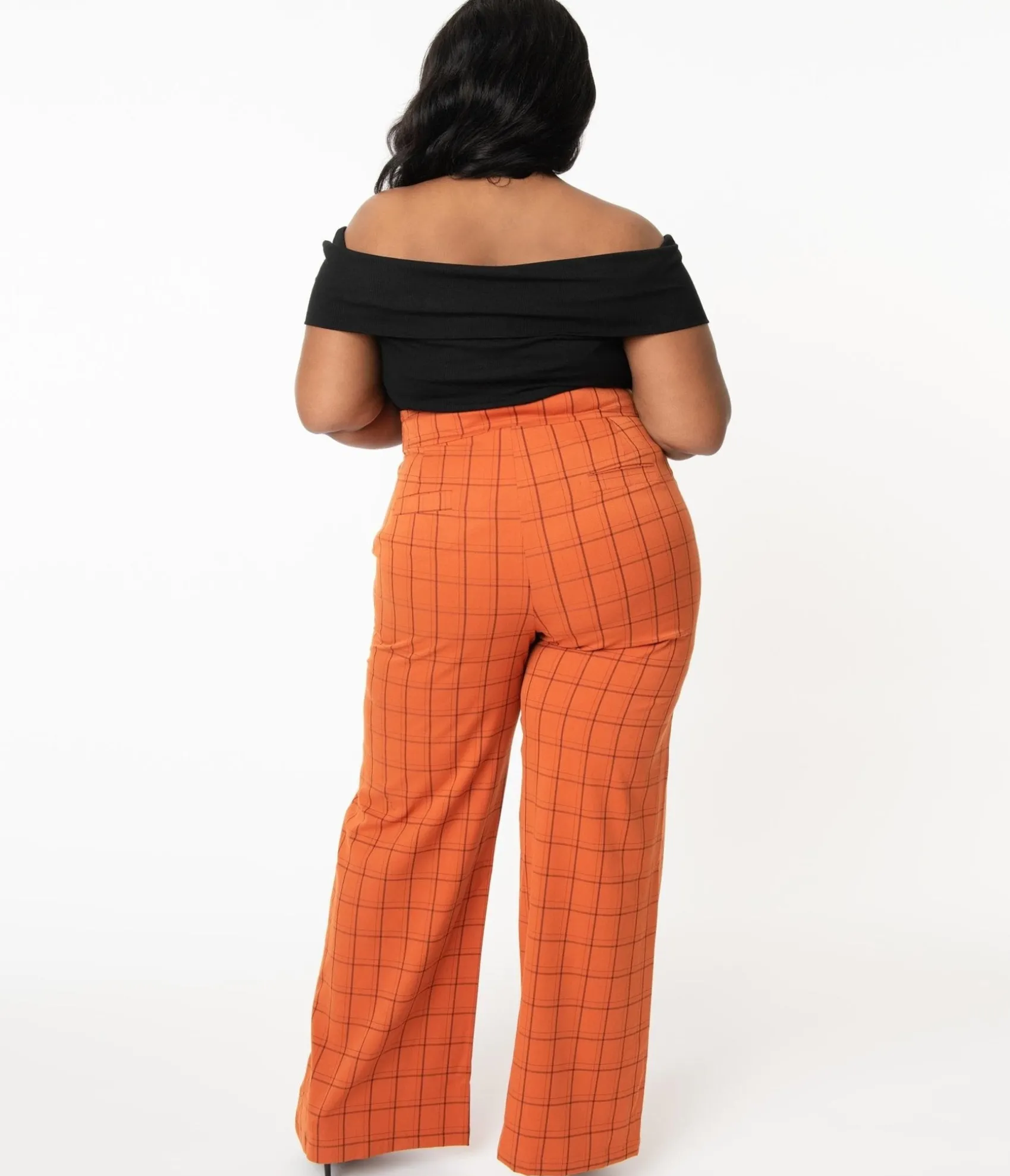 Unique Vintage Plus Size 1940s Orange Windowpane High Waist Ginger Pants Flash Sale