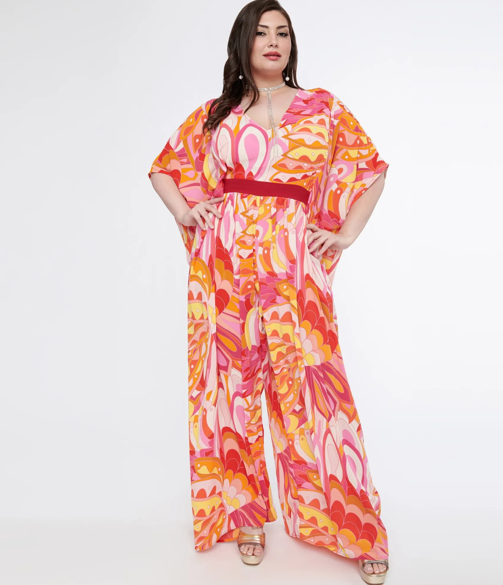 Unique Vintage Plus Size 1970s Pink & Orange Psychedelic Print Caftan Jumpsuit Flash Sale
