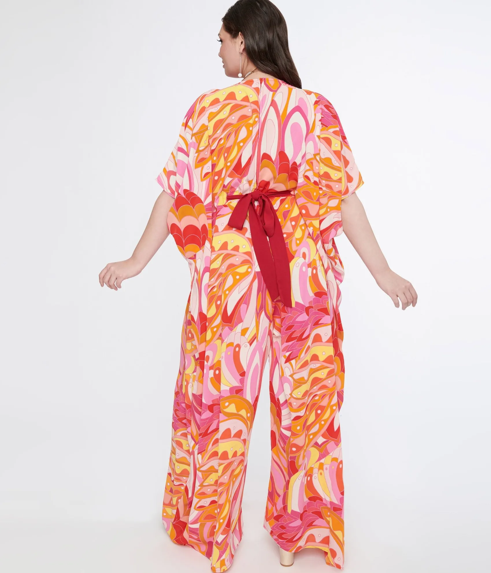 Unique Vintage Plus Size 1970s Pink & Orange Psychedelic Print Caftan Jumpsuit Flash Sale
