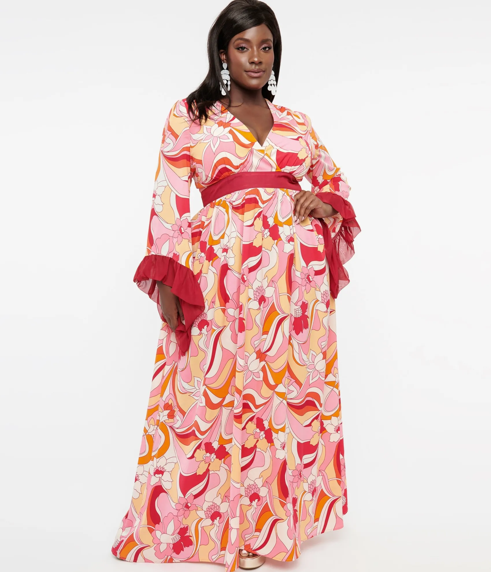 Unique Vintage Plus Size 1970s Pink & Red Psychedelic Floral Maxi Dress New