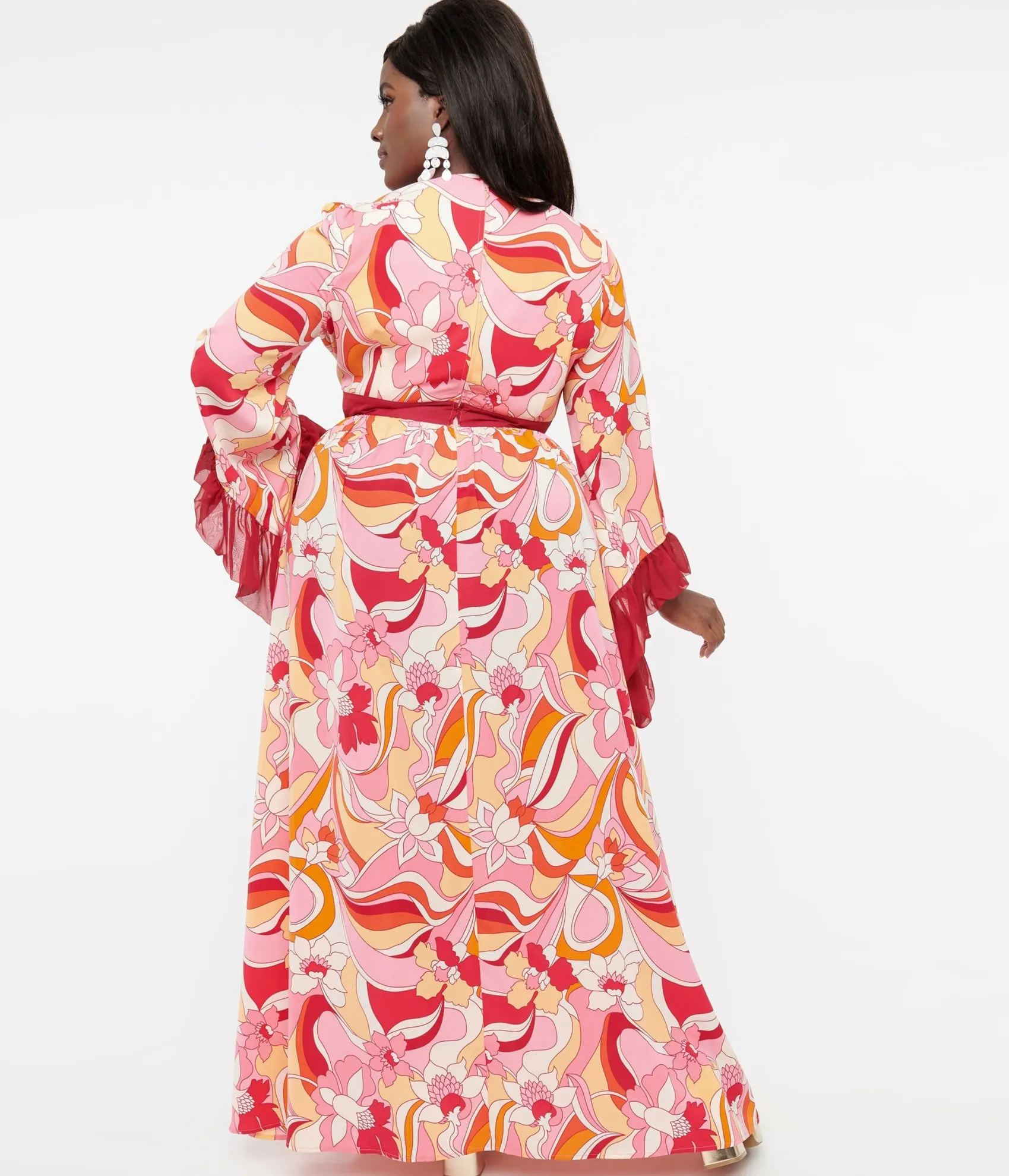 Unique Vintage Plus Size 1970s Pink & Red Psychedelic Floral Maxi Dress New